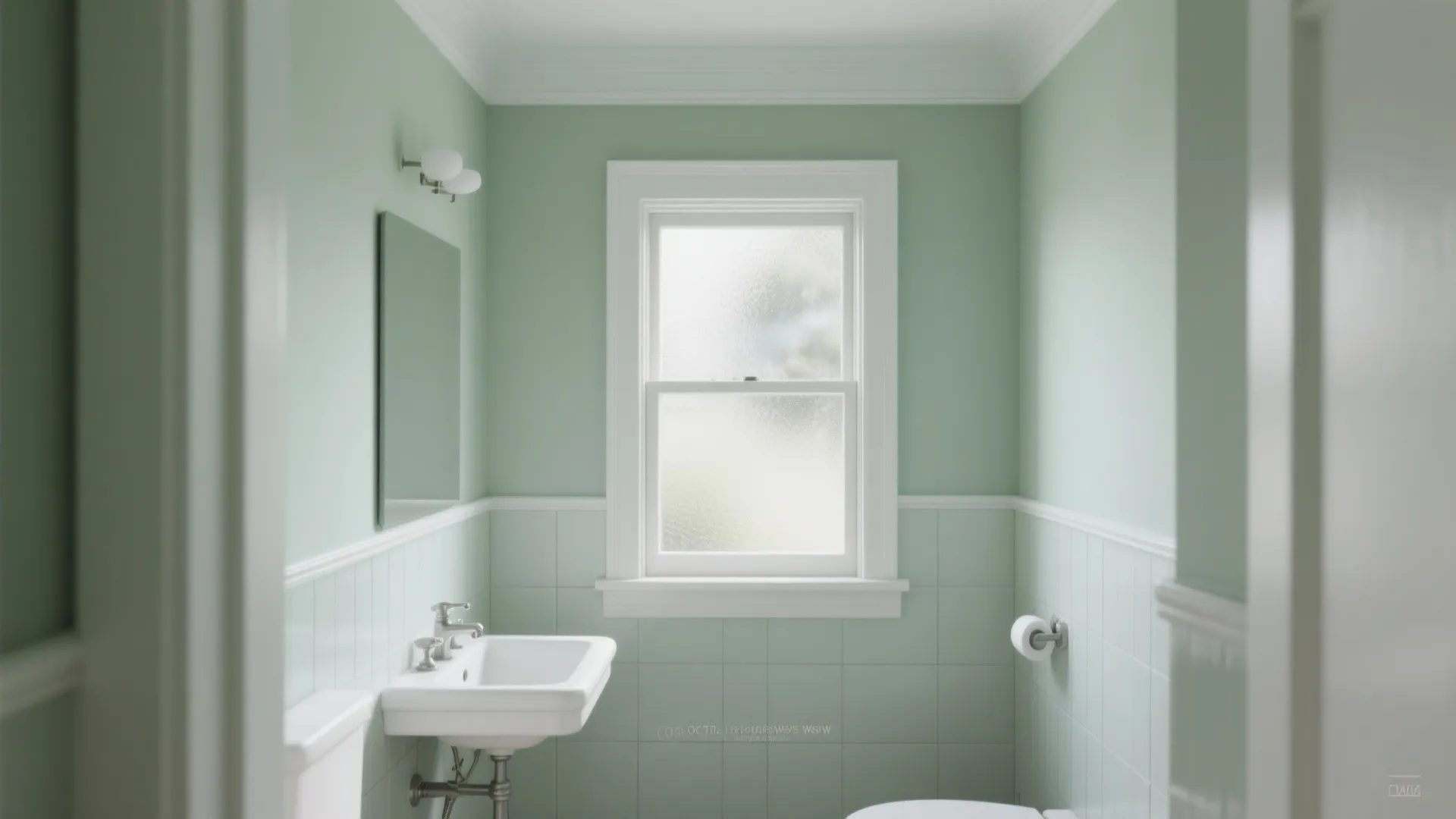 Modern bathroom with light green walls white window frame small sink mirror and wall light