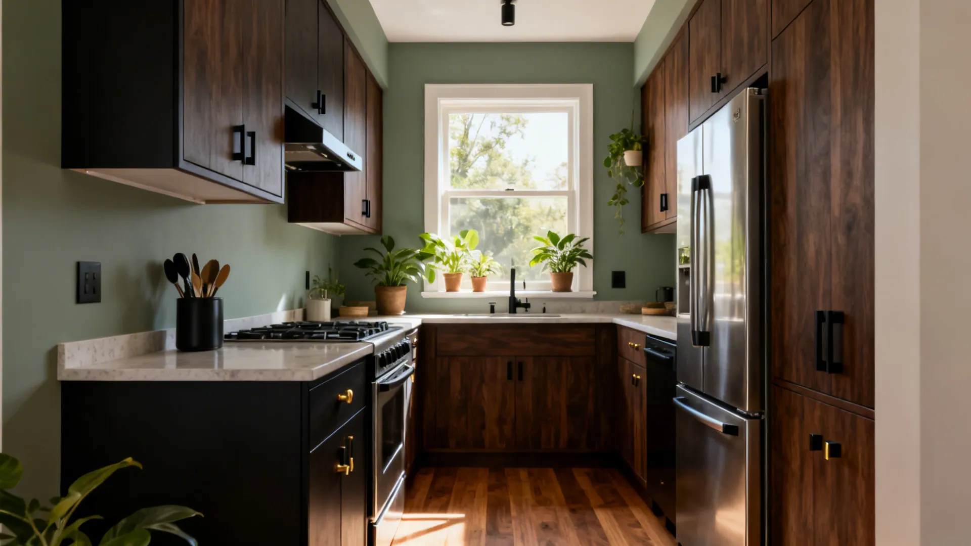 Dark walnut cabinets with muted sage walls, plants, and stainless accents in a small kitchen.