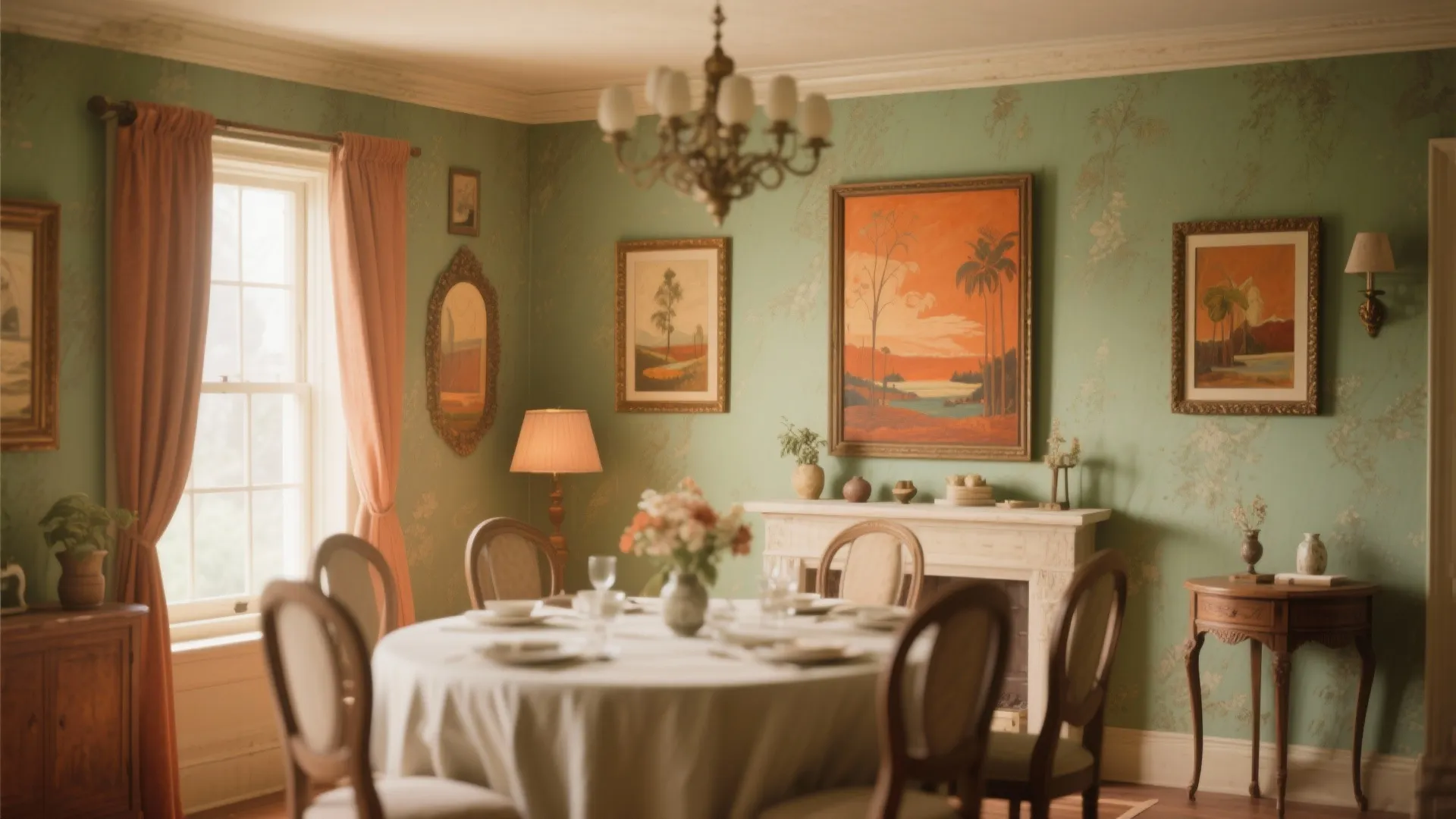 Sage walls with framed artwork in warm earth tones