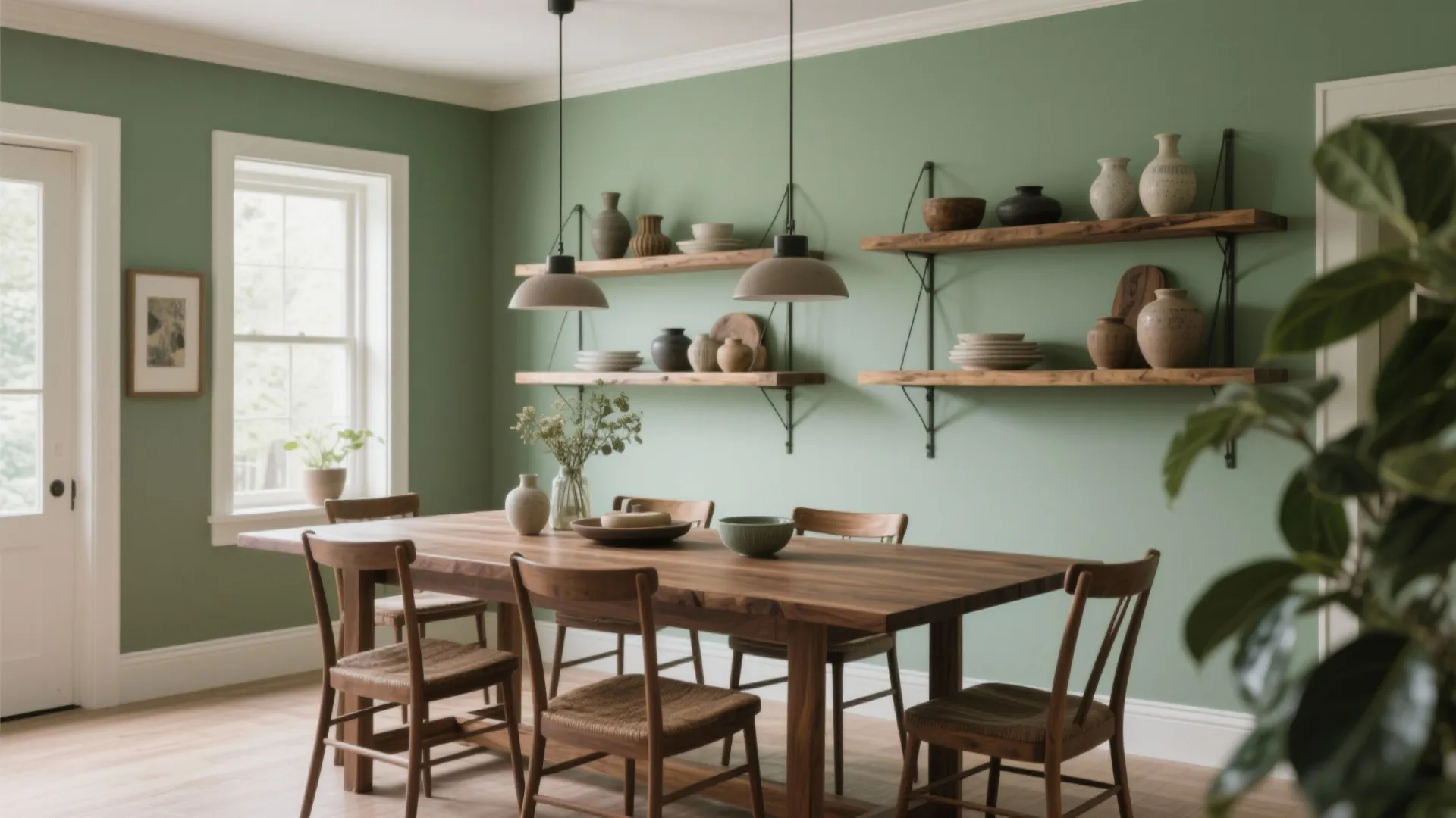 Sage green walls with walnut dining table and oak shelves