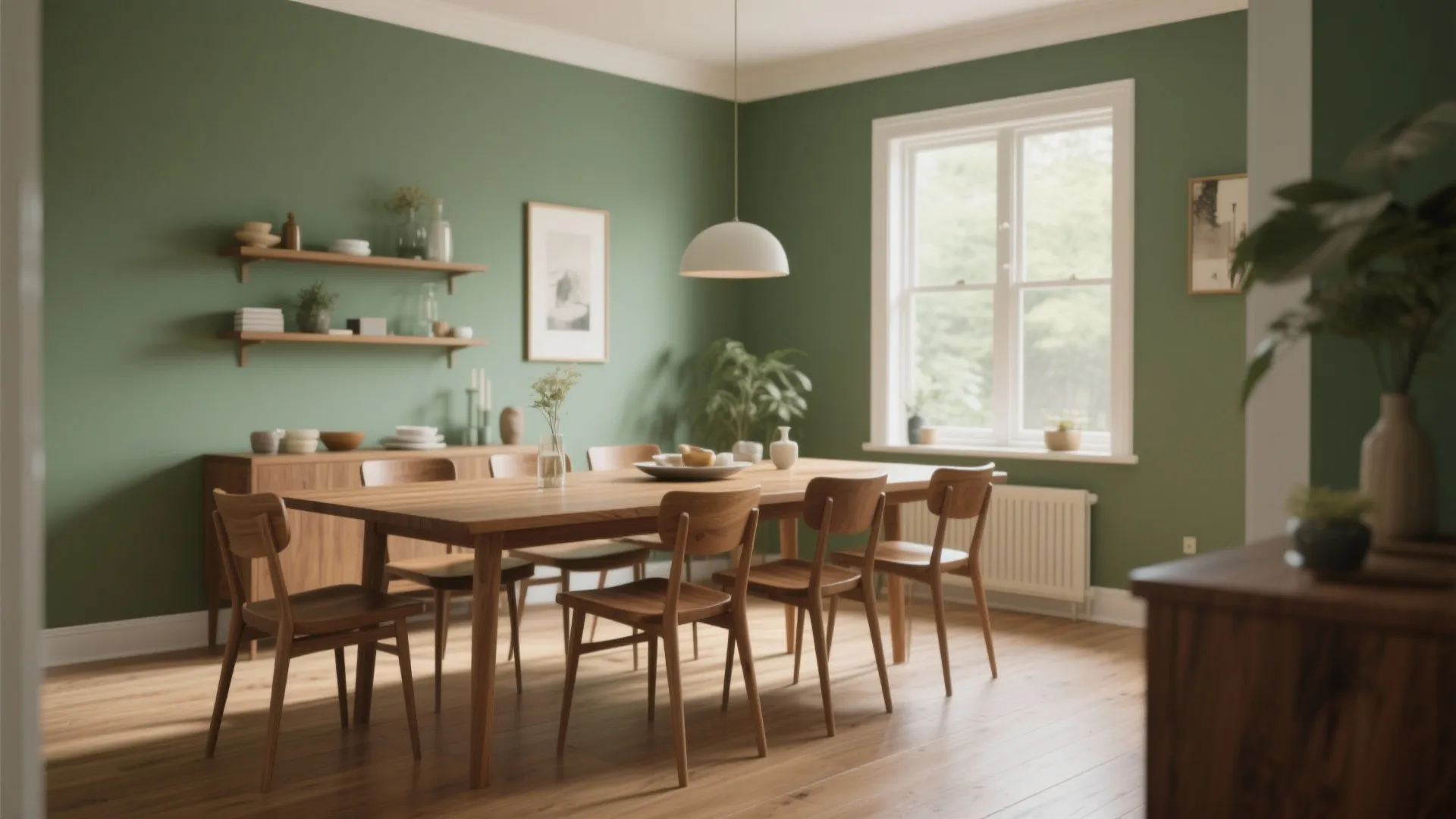 Spacious dining area featuring green walls wooden table and chairs with wall shelves and natural light