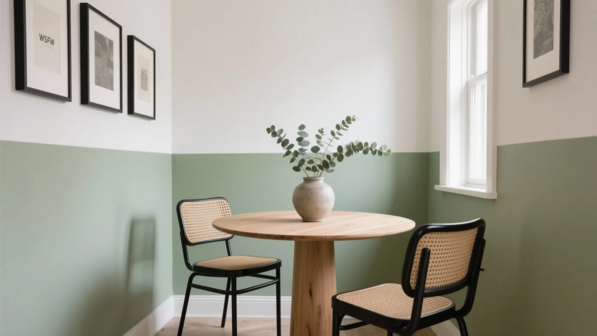 Minimalist dining area with round wooden table two black chairs and sage green wall panels