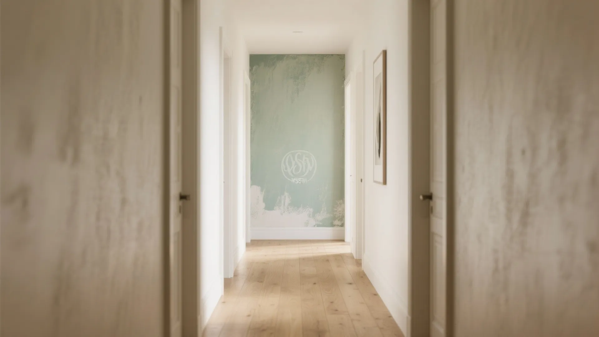 Narrow hall with a desaturated sage color-washed wall drawing focus forward.