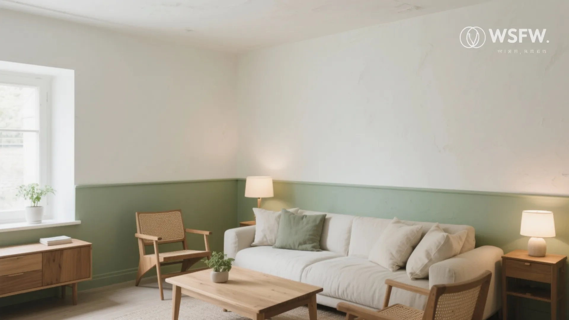 Living room featuring white sofa wooden coffee table wooden chairs green wall panel and side lamps