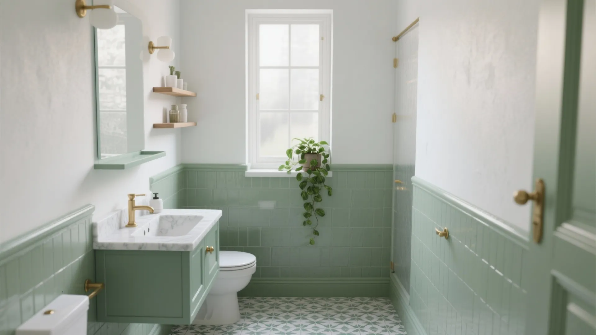 Modern sage green and white bathroom with marble sink cabinet toilet window and wall light