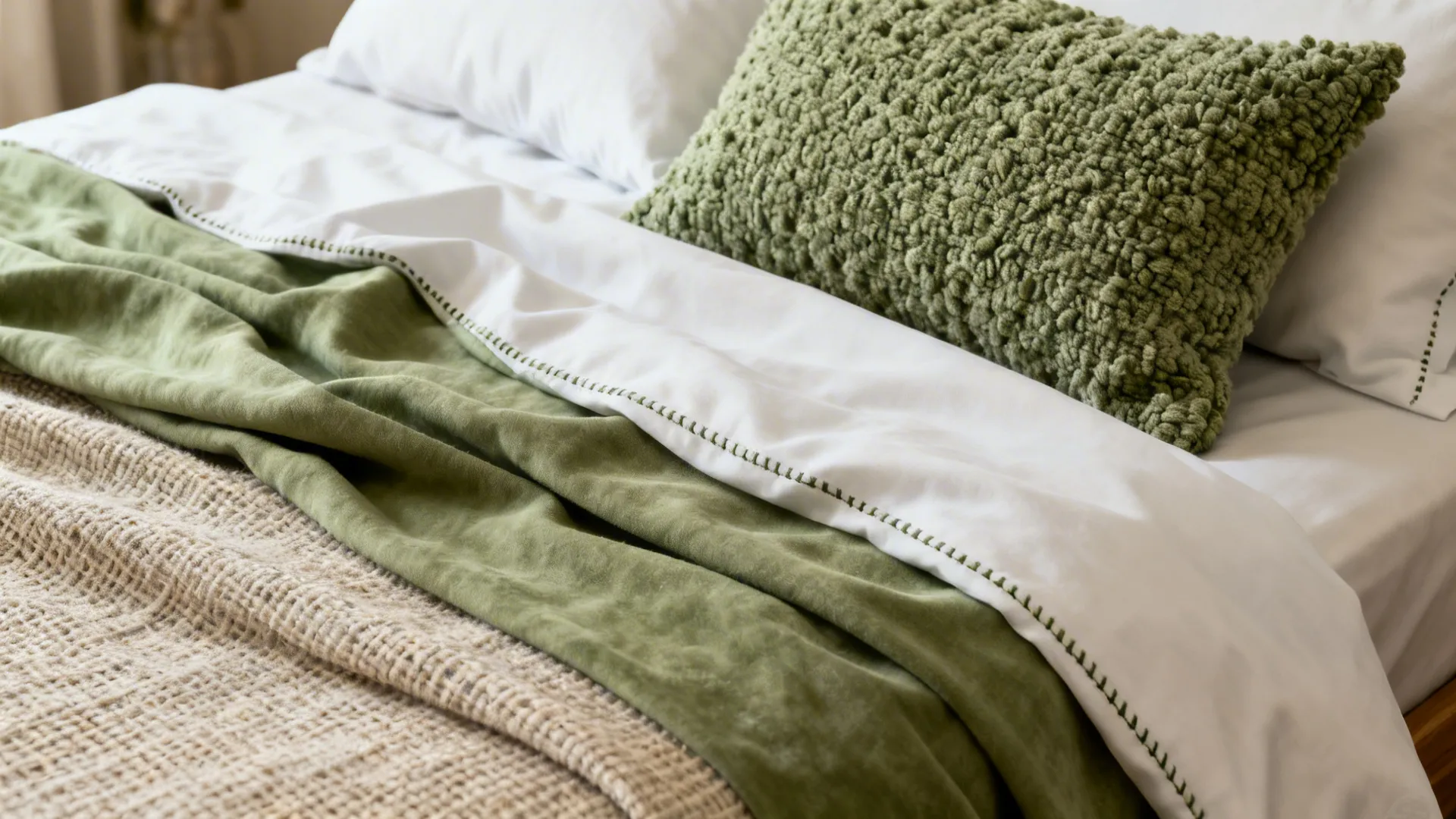 Close-up of white bedding layered with sage throws and textured cushions showing fabric detail.