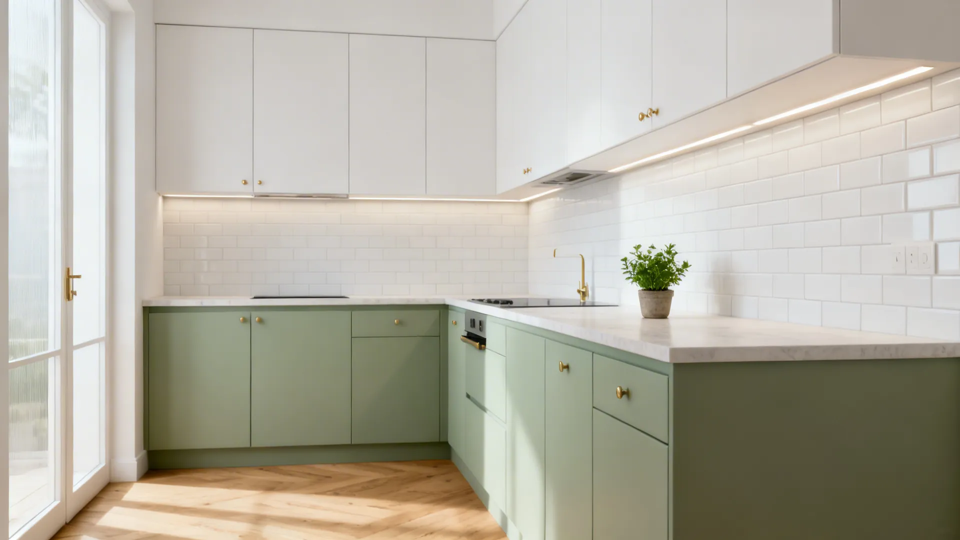 Soft Sage Green + White Cabinets
