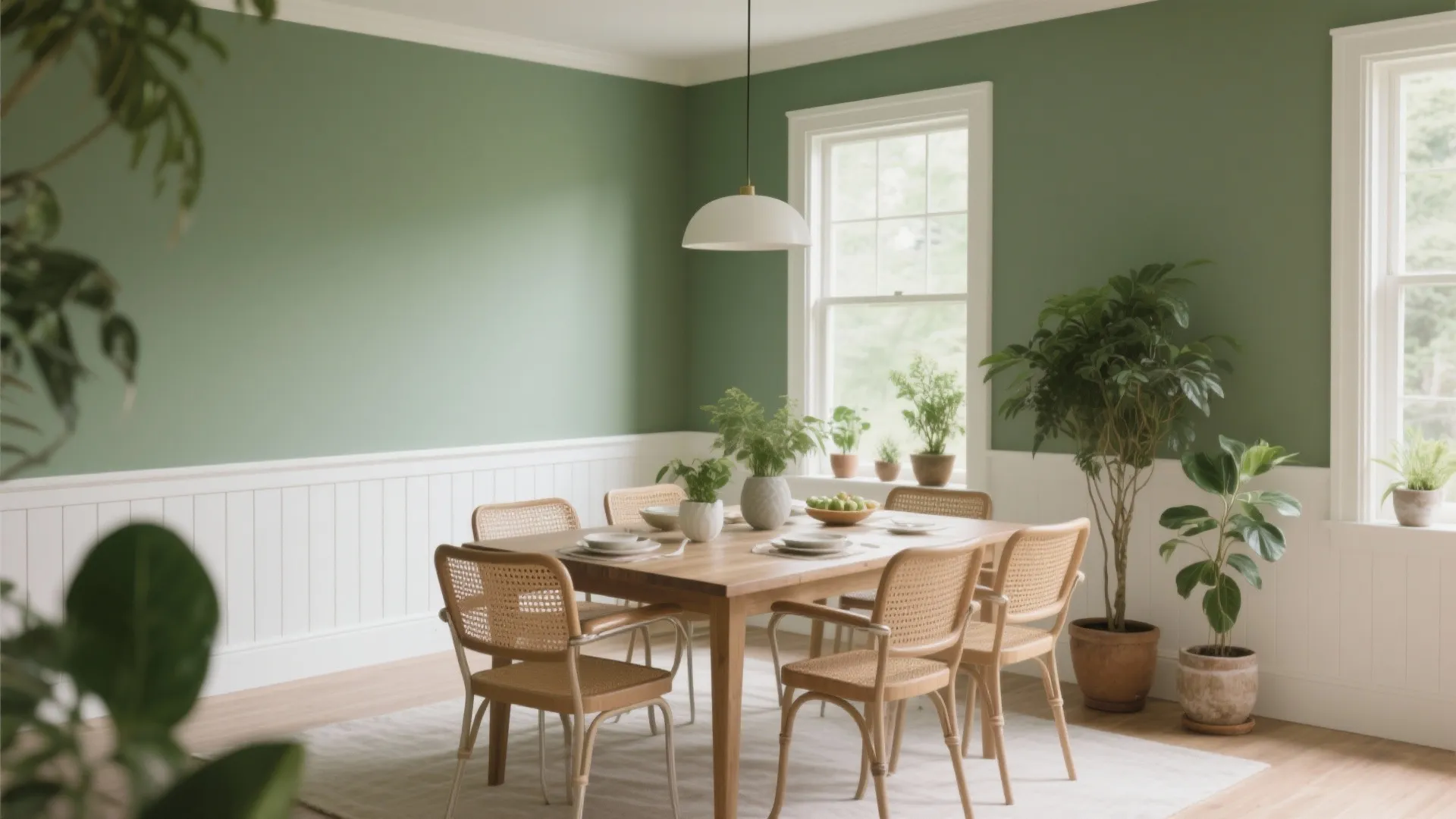 Sage green dining room with white wall panels wooden table wicker chairs and green plants