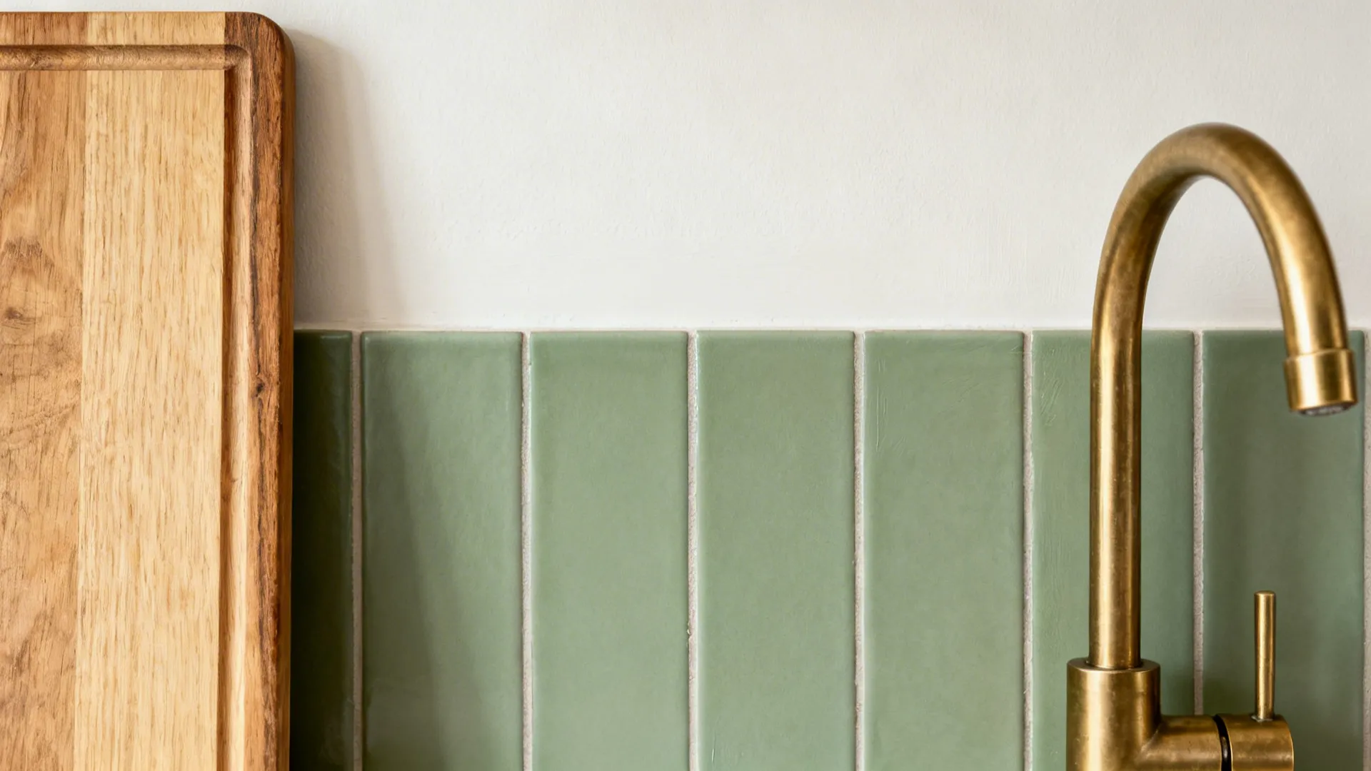 Close-up of sage backsplash against soft white wall with brass faucet and oak cutting board.