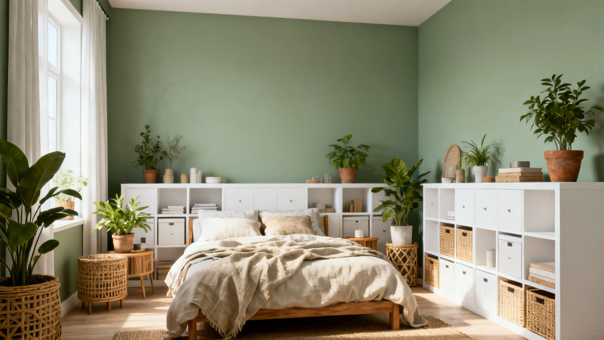 Sage green bedroom featuring white storage shelves many indoor plants wooden bed and natural sunlight