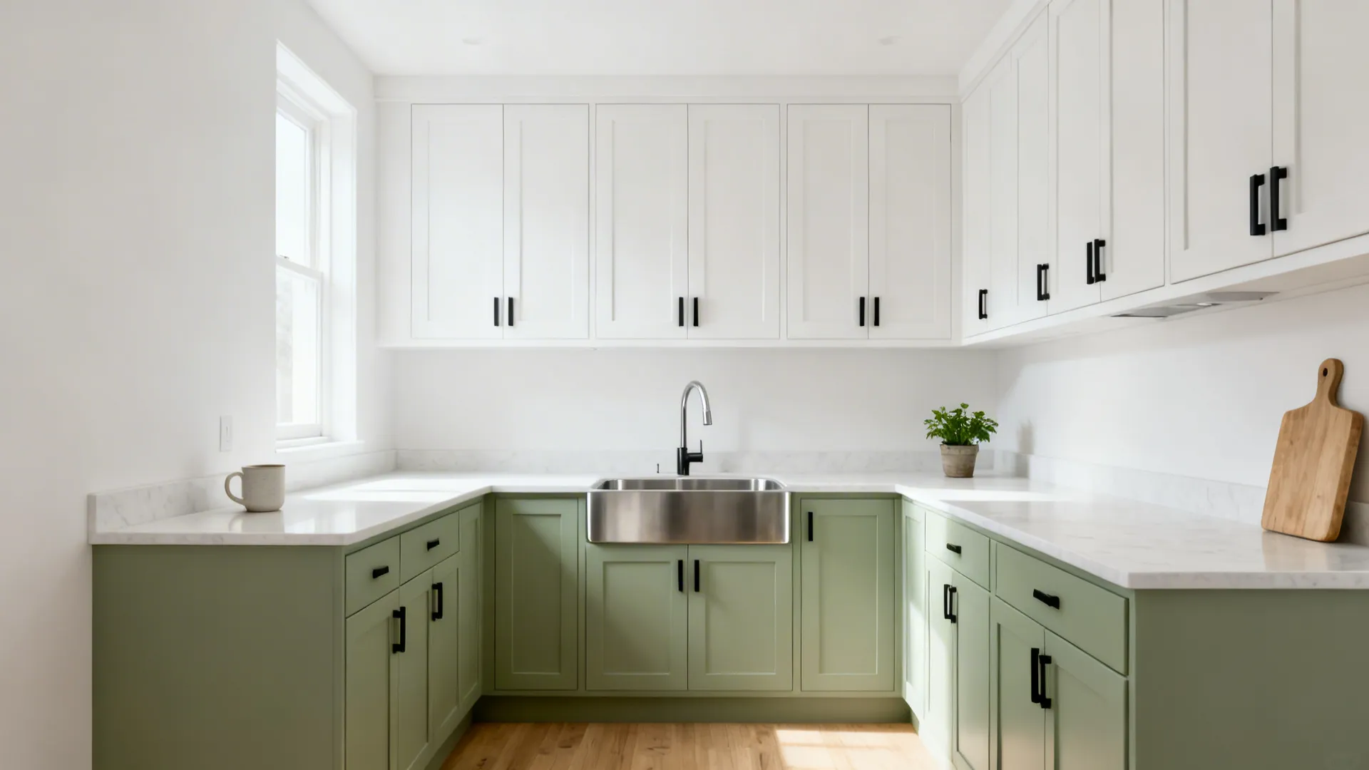 Modern kitchen with white upper cabinets green lower cabinets stainless steel sink and wood floor