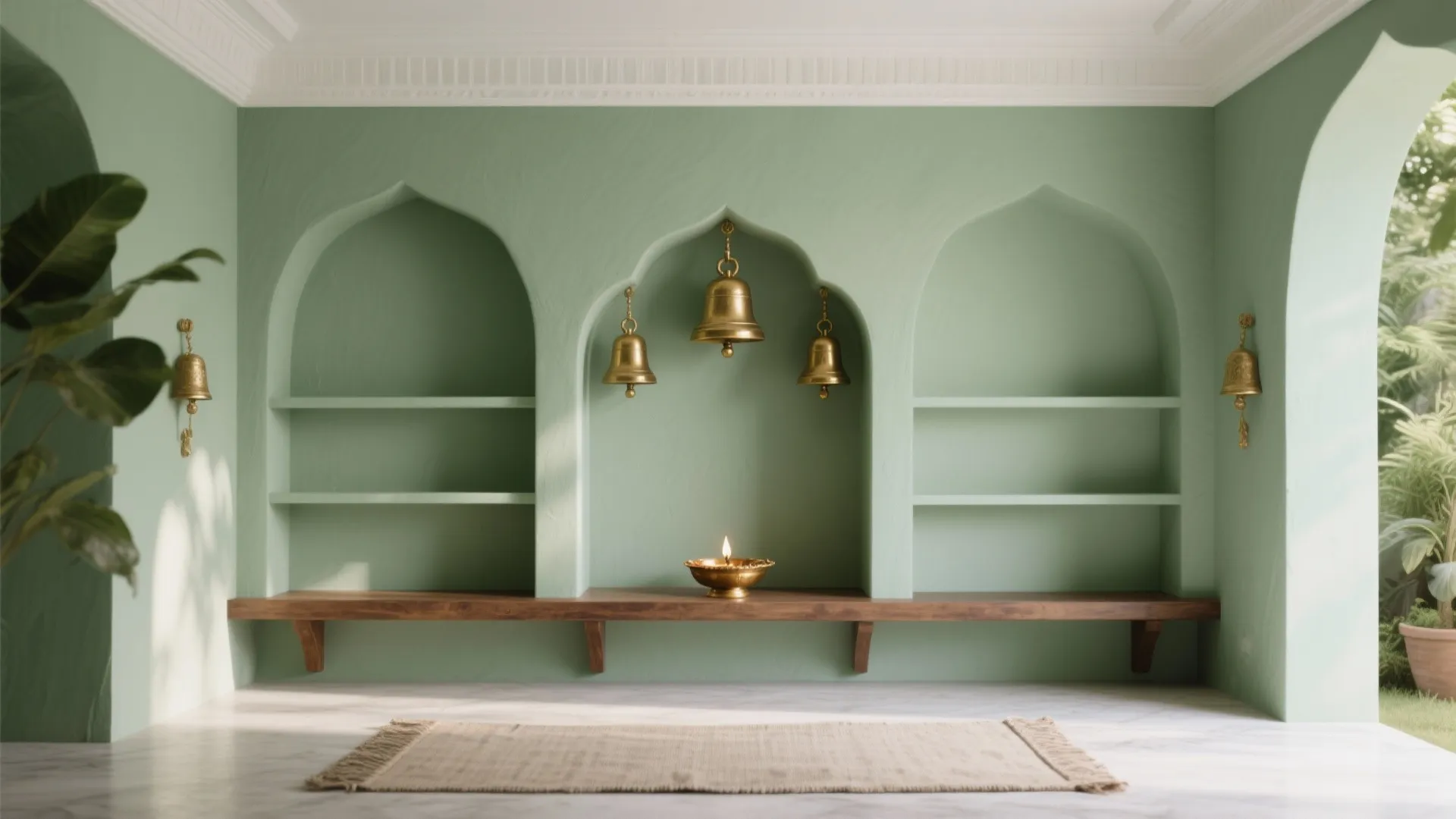 Sage green room with arched wall niches hanging brass bells wooden shelf and small oil lamp