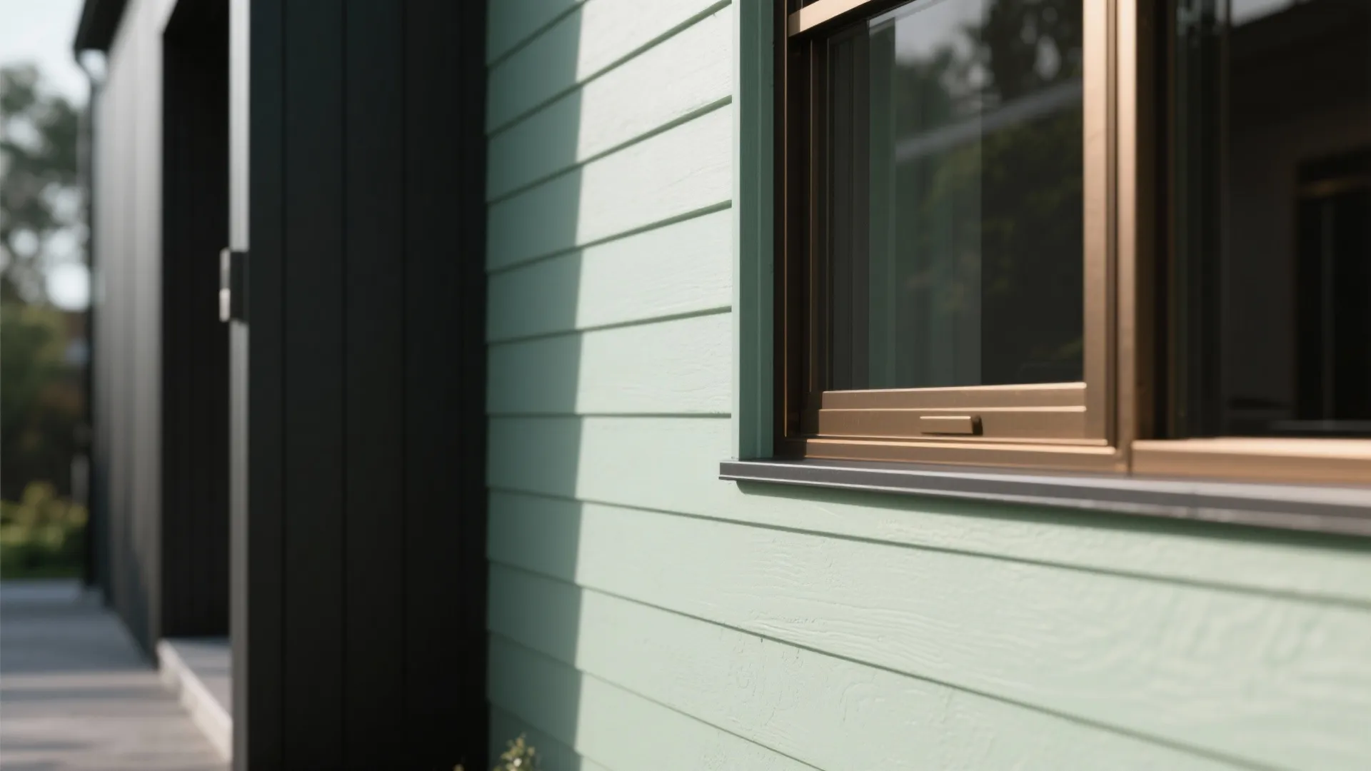Close-up of subtle sage exterior with matte black and bronze window frames showing crisp trim and material texture.