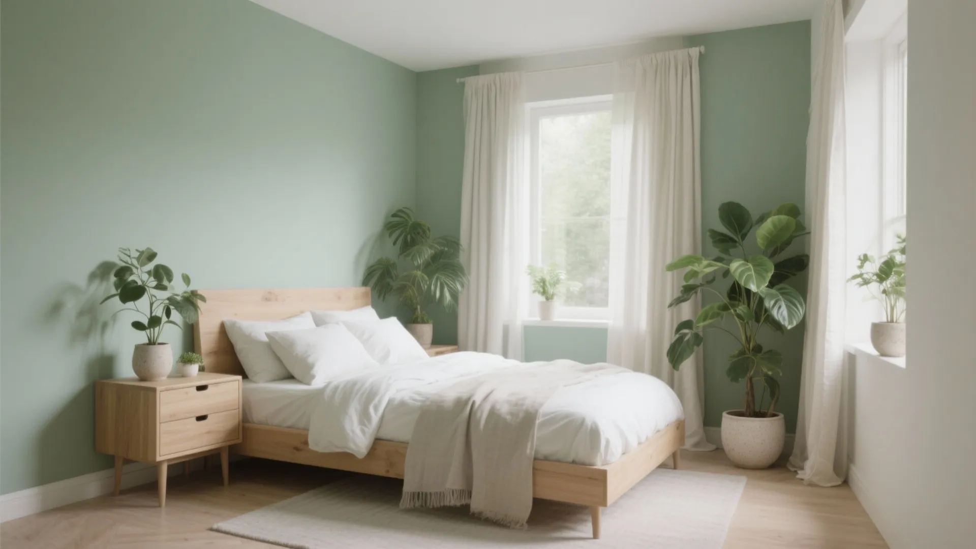 Minimalist bedroom with light green walls wooden bed frame white bedding and green indoor plants