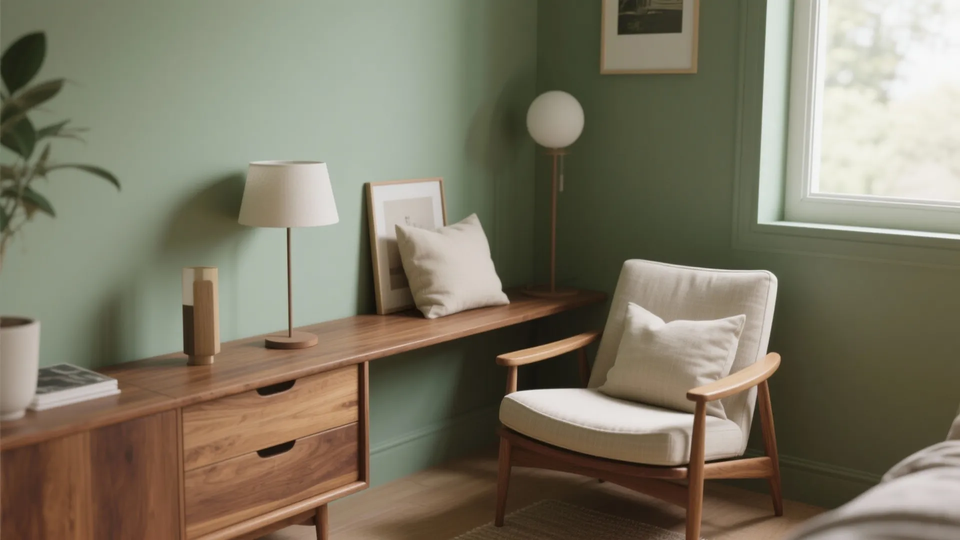 2. Pair sage green with natural wood for a warm modern look