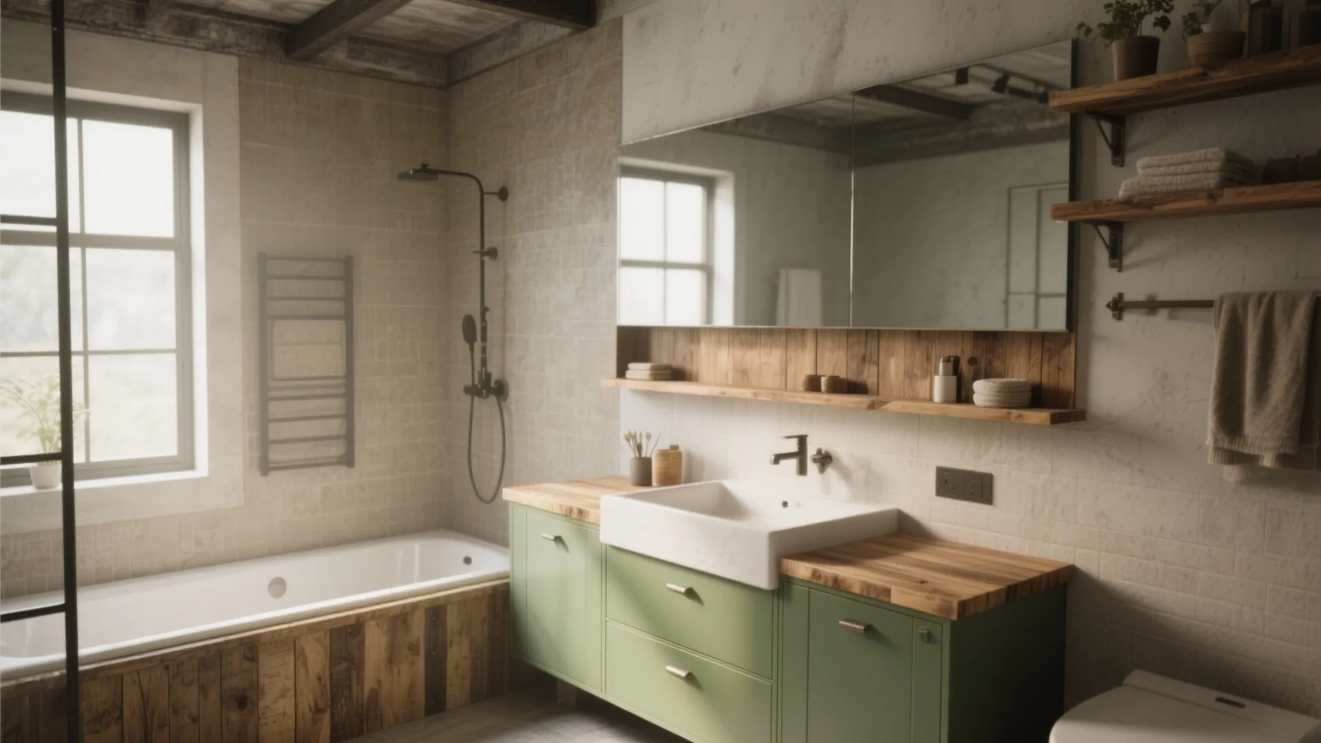 5. Natural wood accents with sage paint