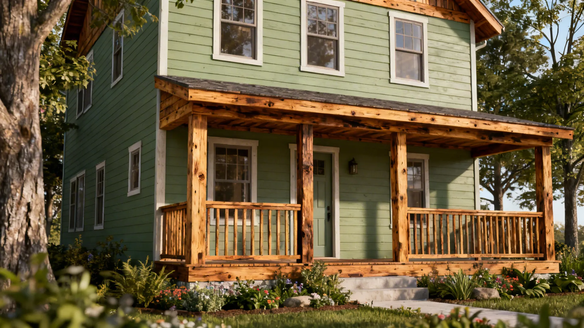 Sage green single wide with stained wood fascia and porch rails surrounded by garden.