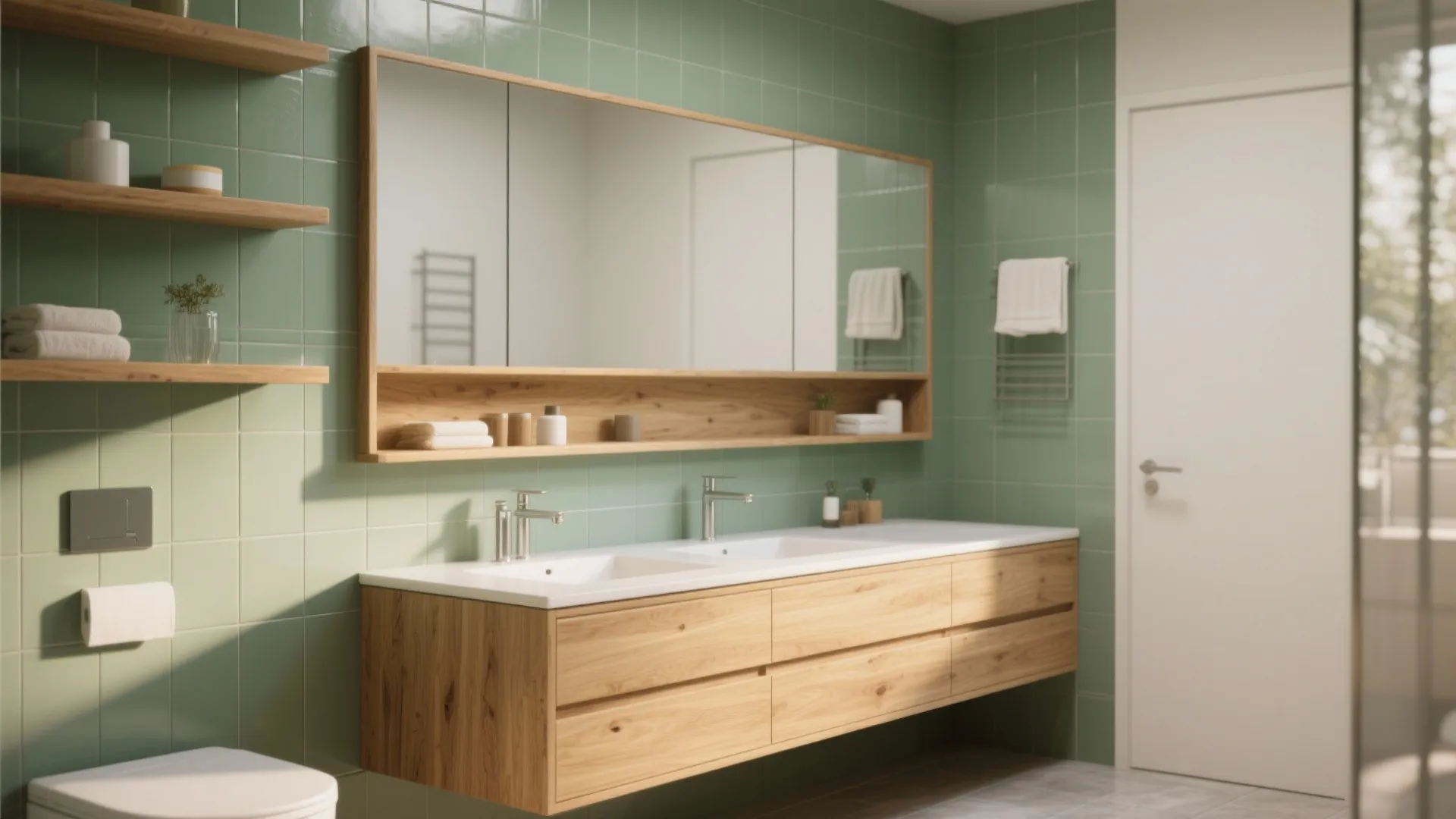 Modern bathroom featuring light green wall tiles wooden cabinet double sink mirror and open wood shelves