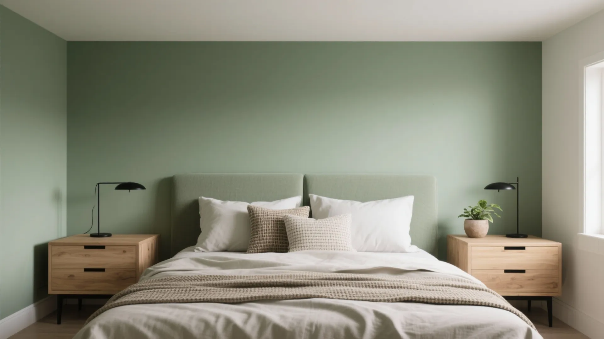 2) Sage Green + Natural Wood + Matte Black (A Calm Biophilic Trio)