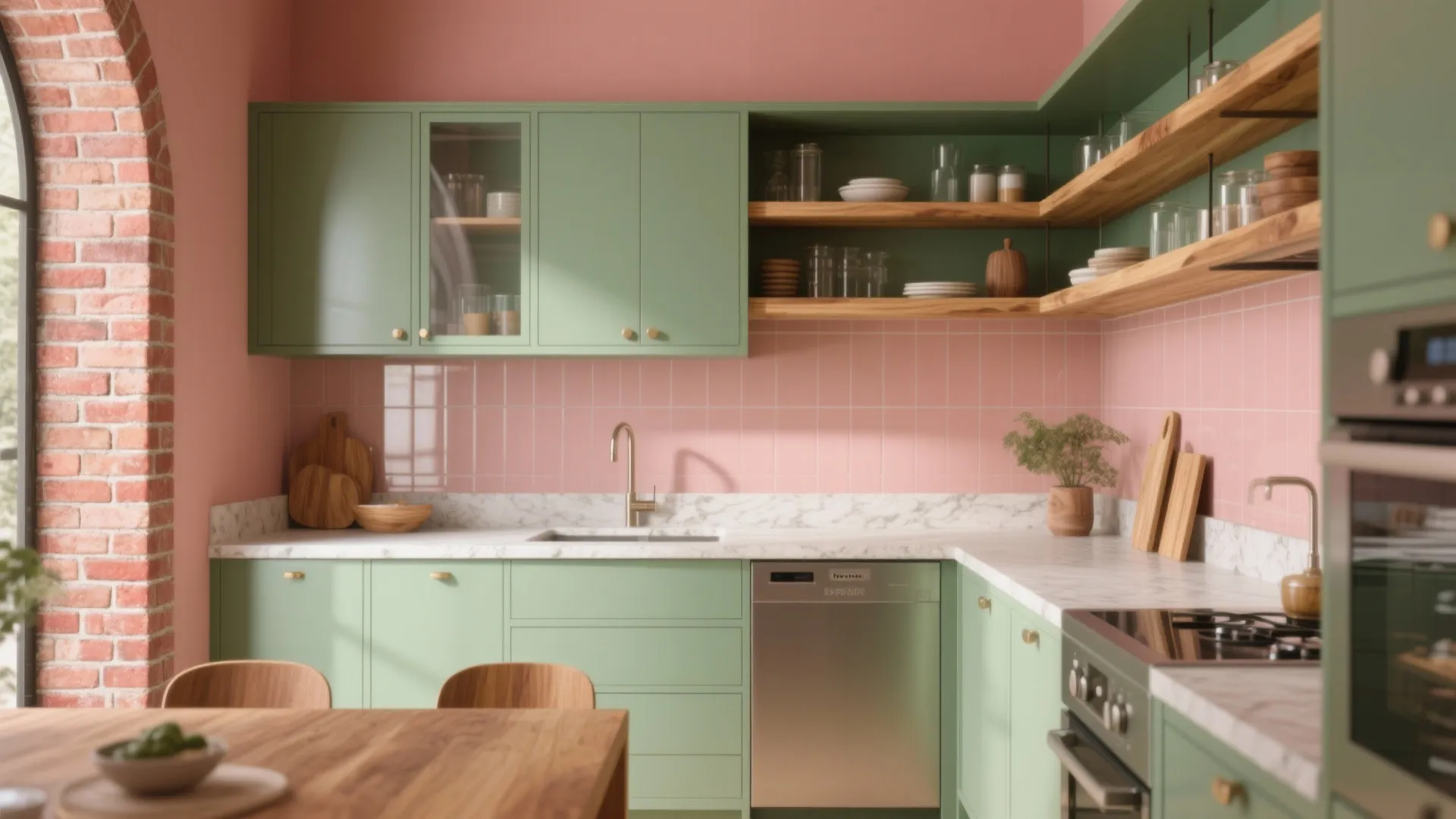 Natural Materials Meet Color: Wood, Sage, and Brick