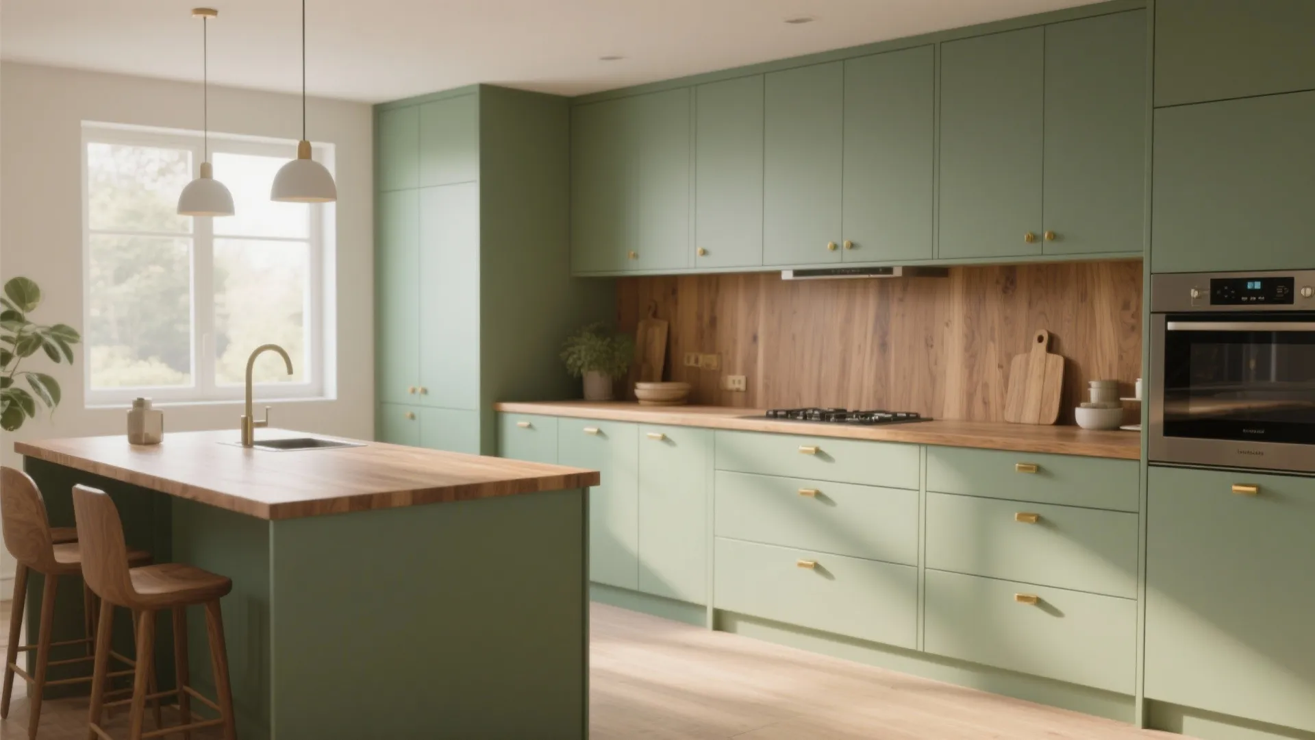 1. Soft Sage with Warm Wood Counters