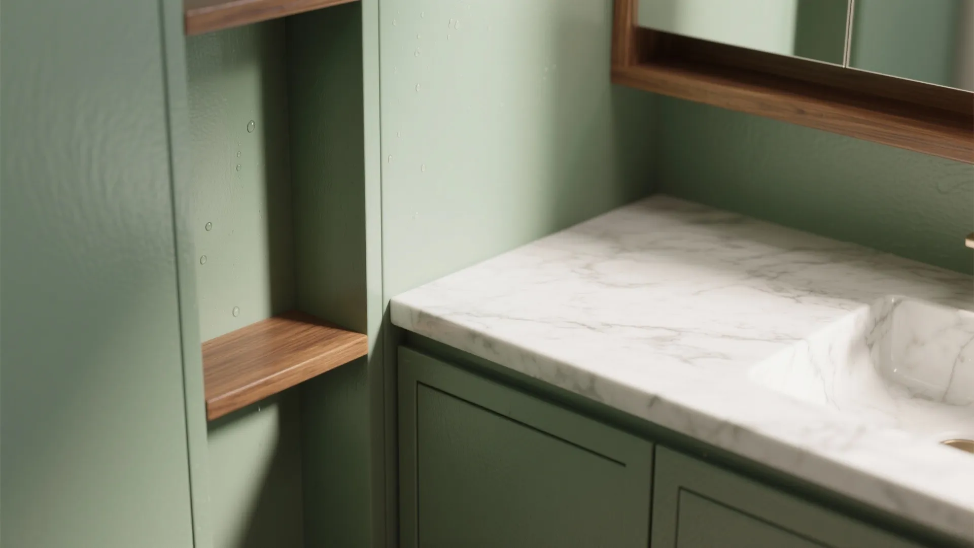 Close-up of matte sage vanity and sealed walnut shelf with marble counter in a small bathroom.