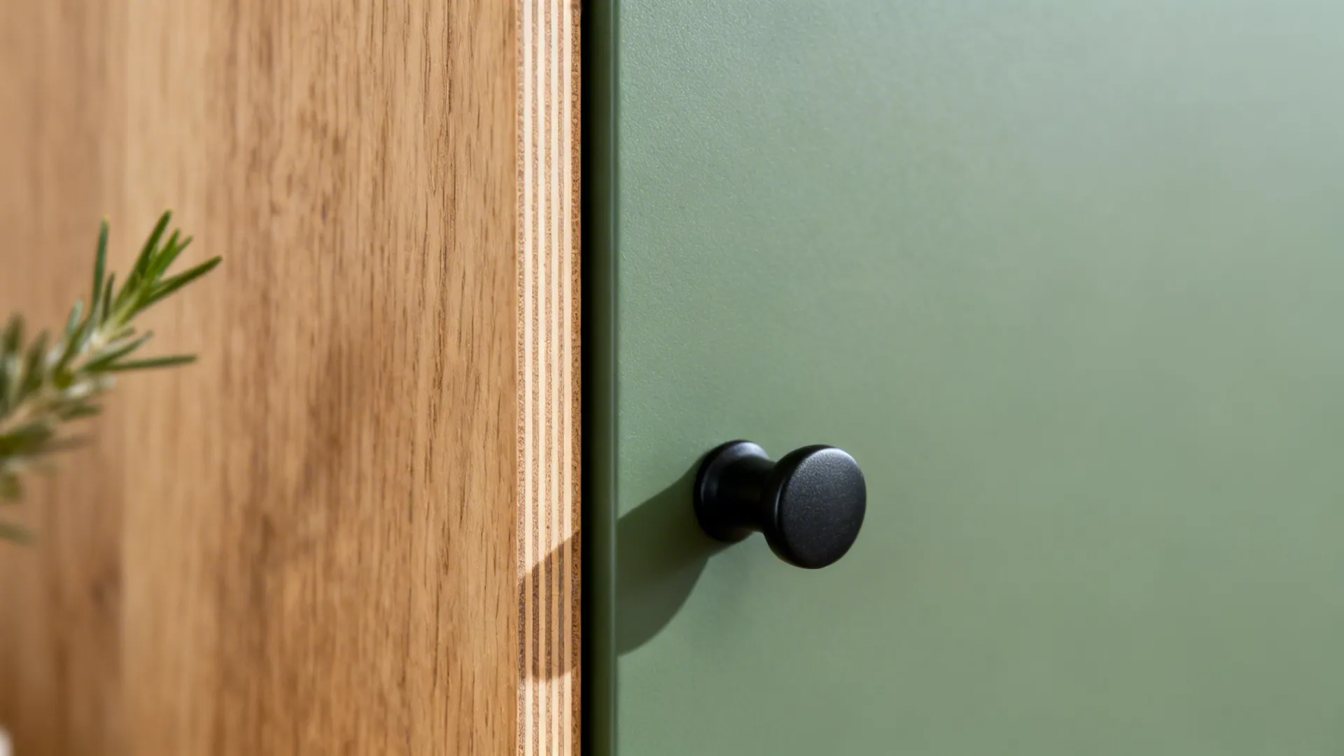 Close-up of sage matte cabinet meeting light oak panel with fine grain and matte black pull.