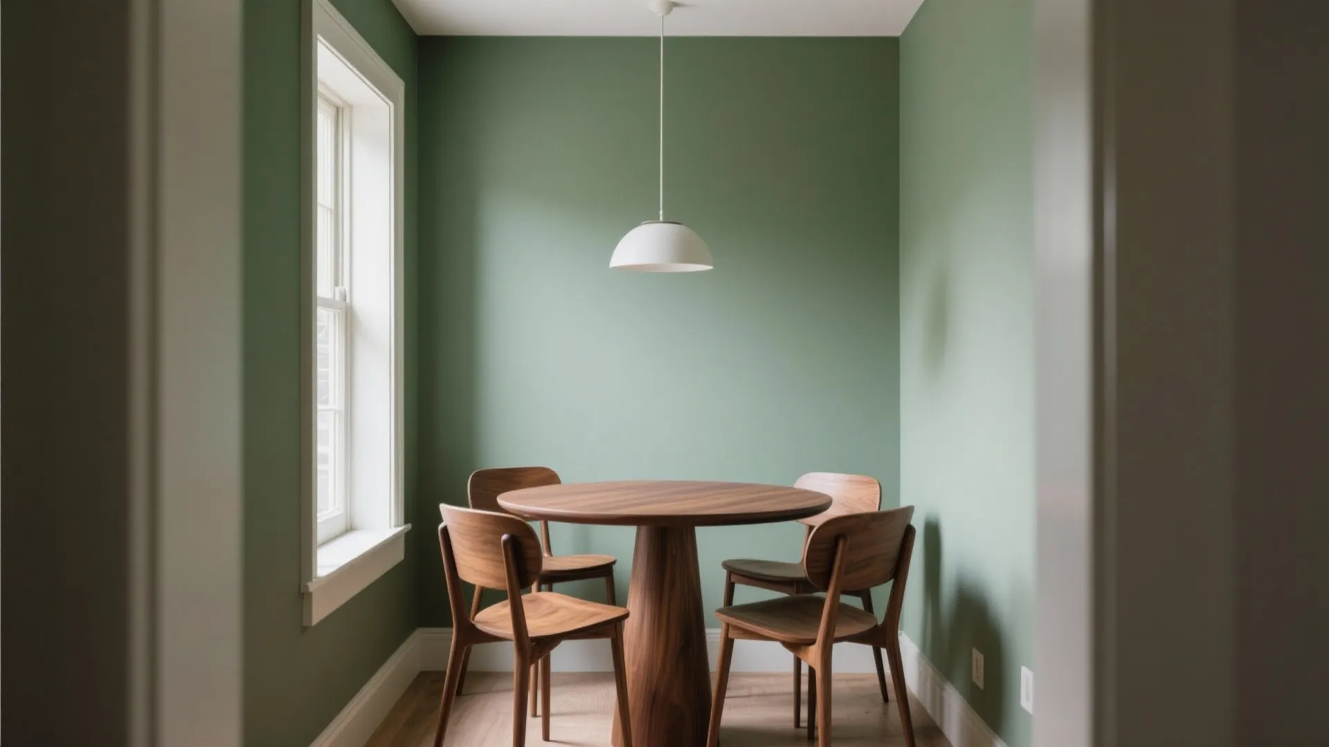 Minimalist dining nook with sage green walls round wooden table and white hanging ceiling light