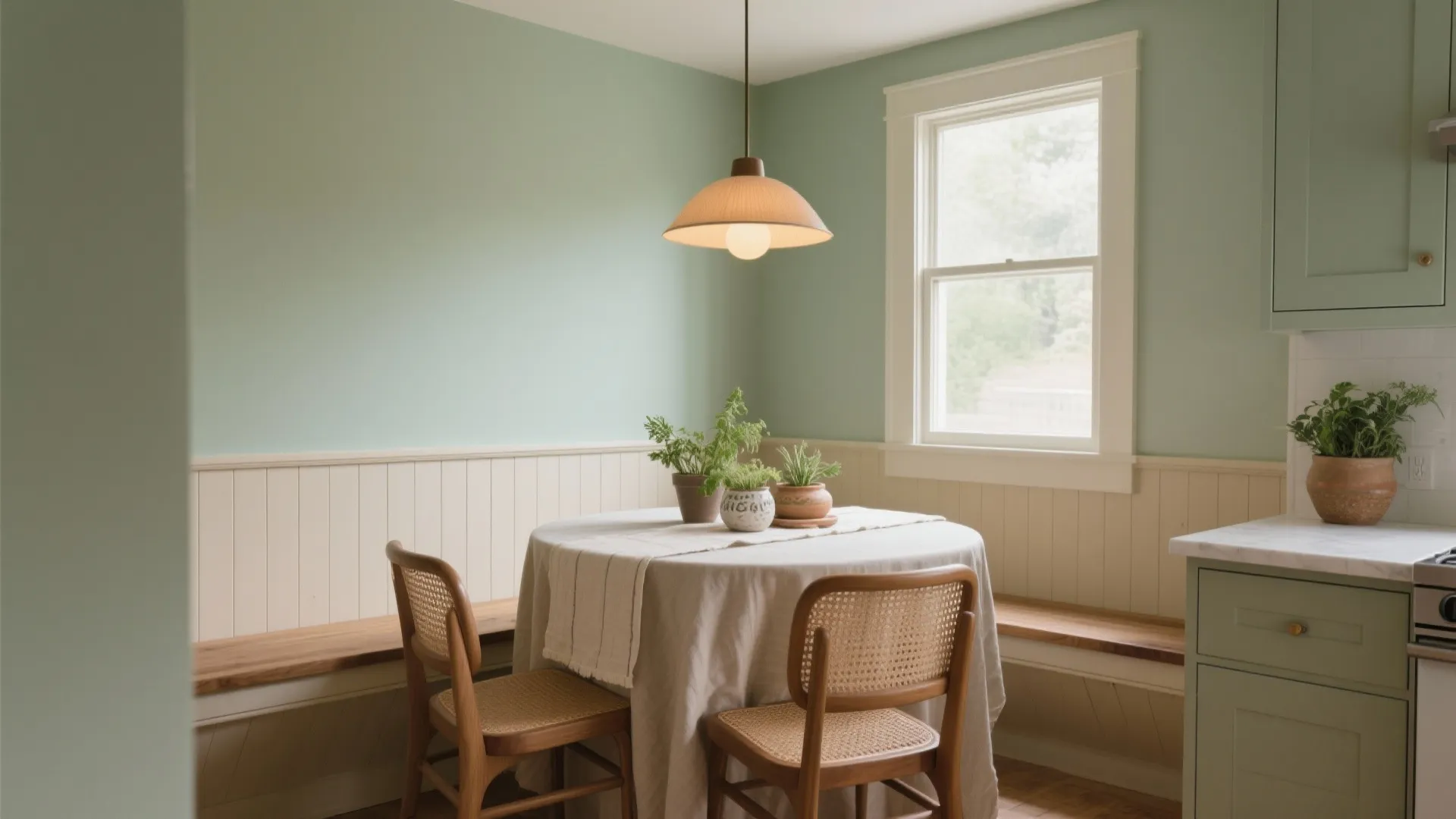 Small dining room with sage green walls wooden chairs round table ceiling light and white window