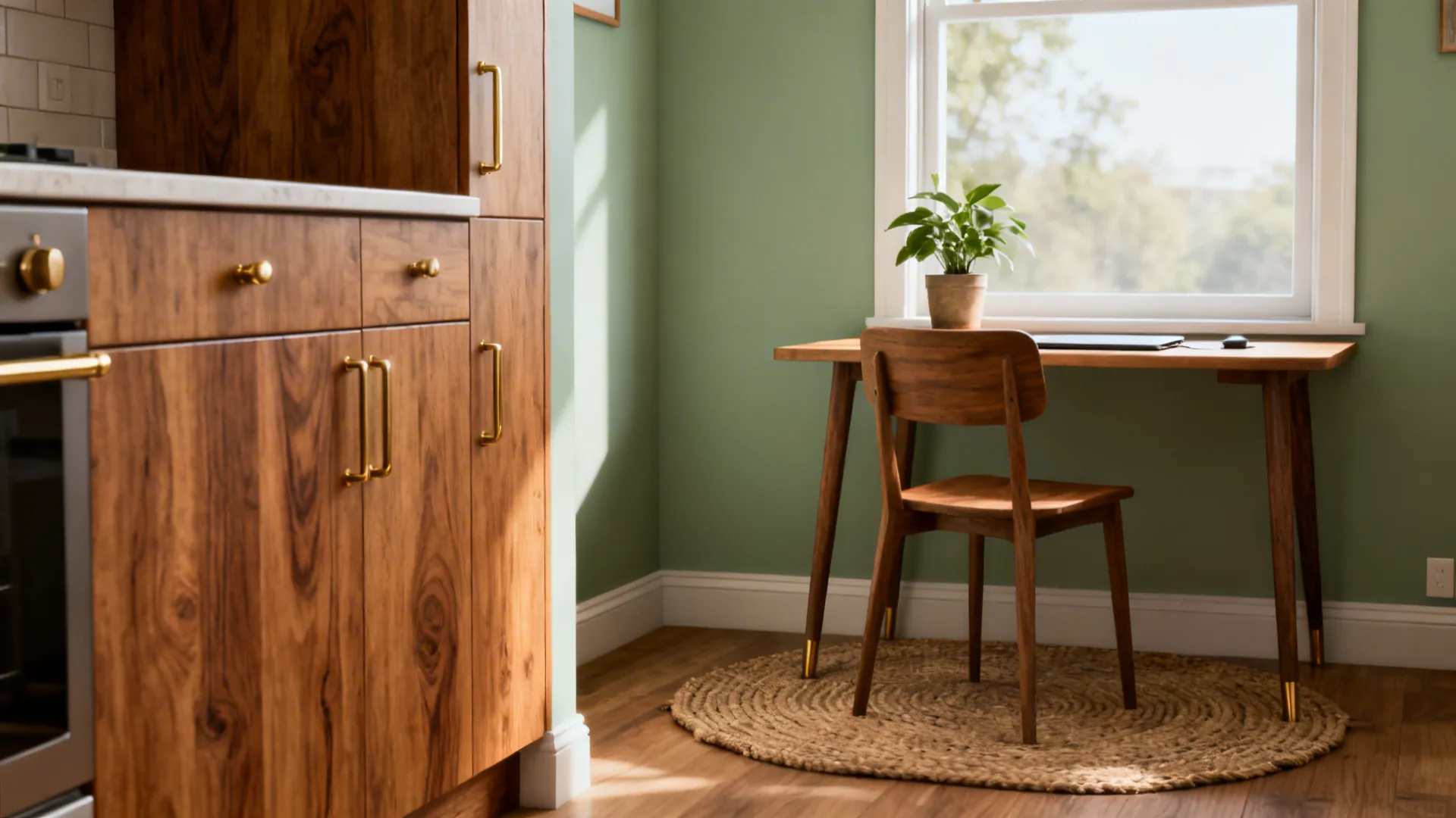 1. Soft Sage Green with Warm Wood