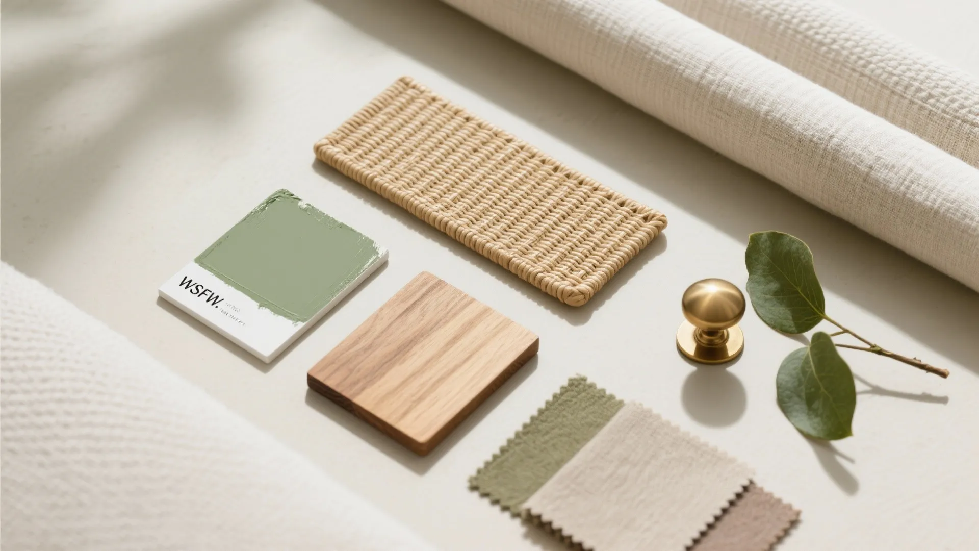 Interior design mood board with green paint sample wood block woven texture brass knob leaves