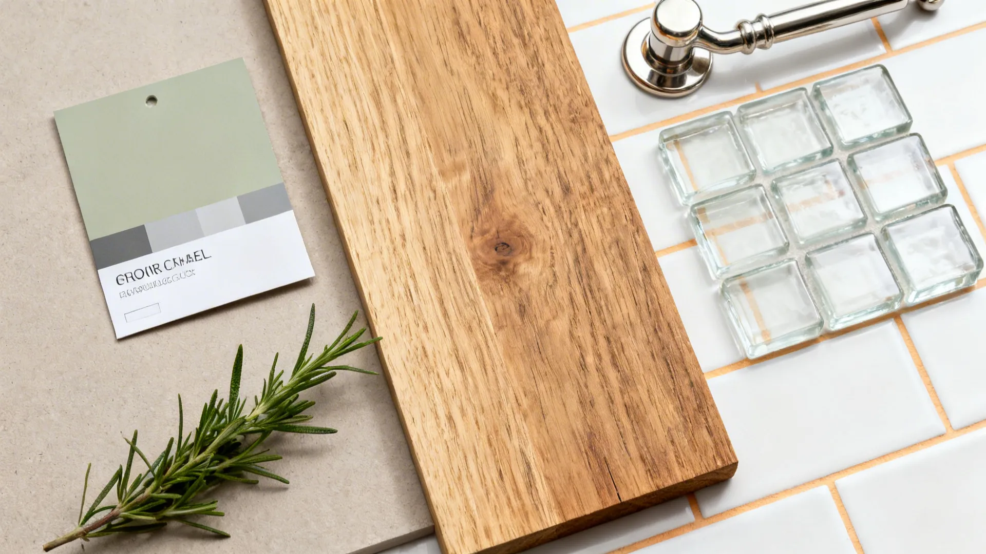 Interior design flat lay with green color swatch wood plank white tiles and silver handle