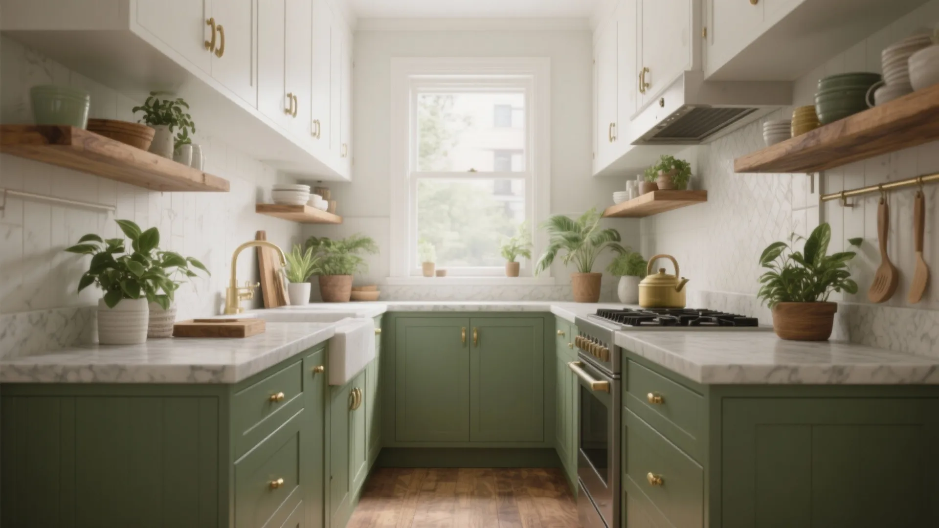 Light green kitchen cabinets with marble countertops and many small potted plants on wooden shelves