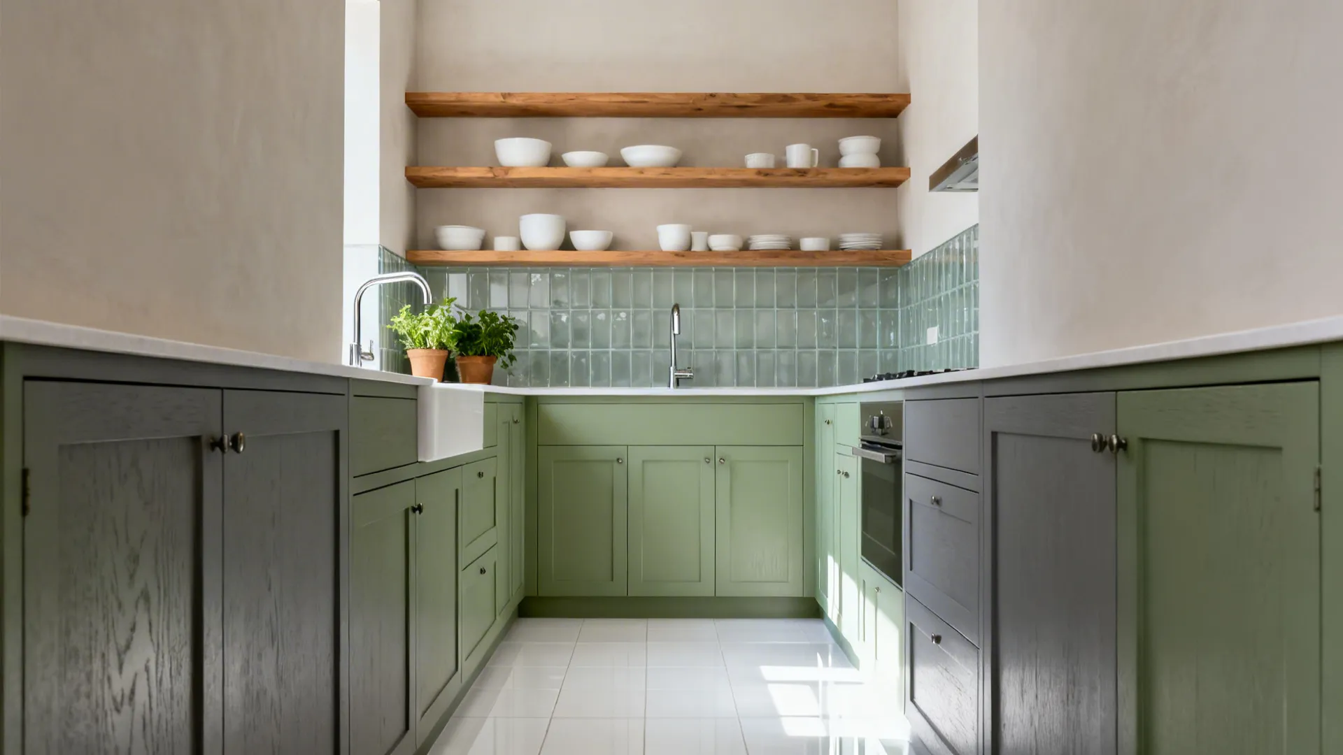Modern green kitchen with wooden open shelves green wall tiles white floor and dark cabinets