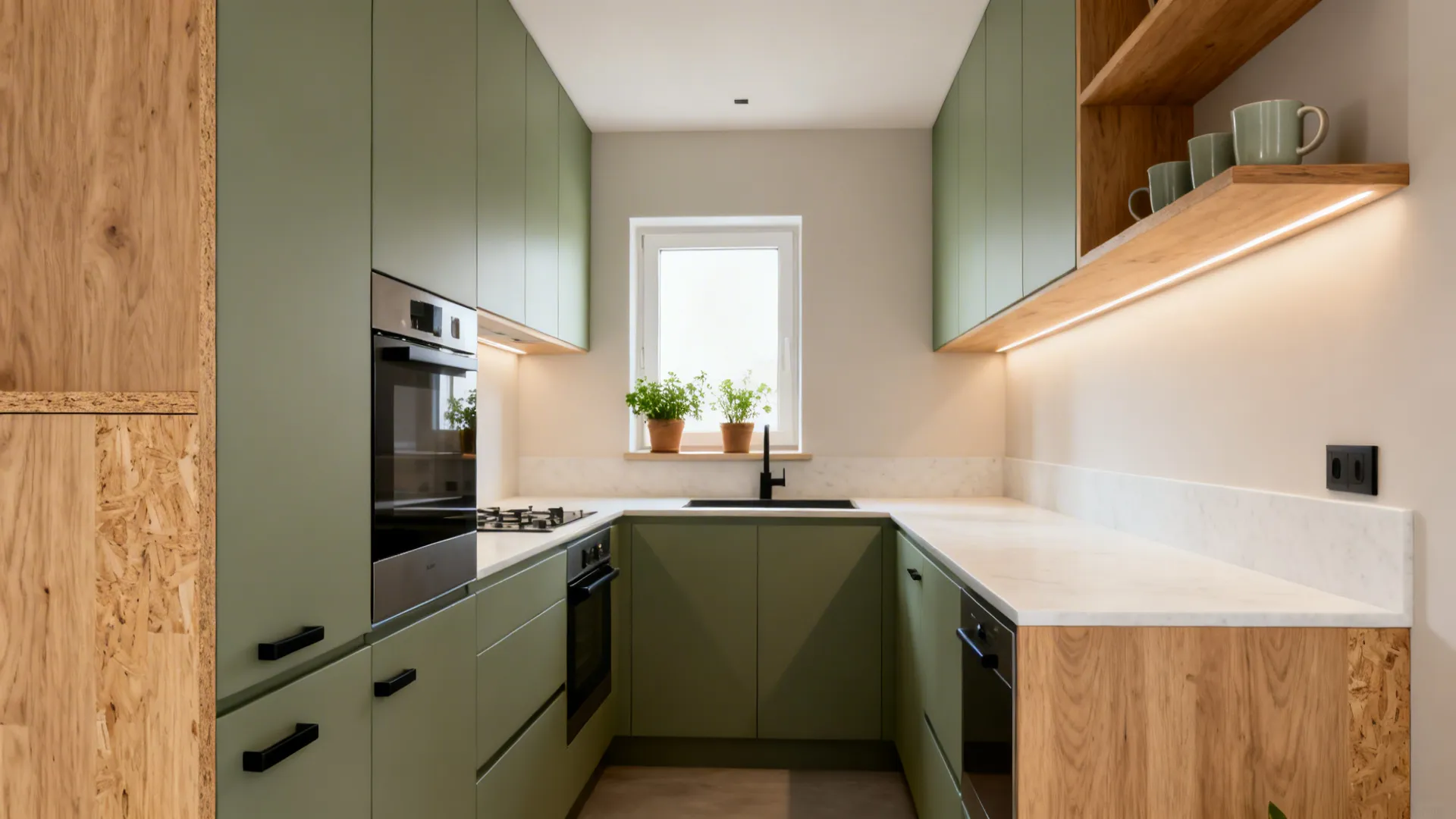 Sage green L-shaped kitchen with light oak accents and warm quartz counters in soft daylight.