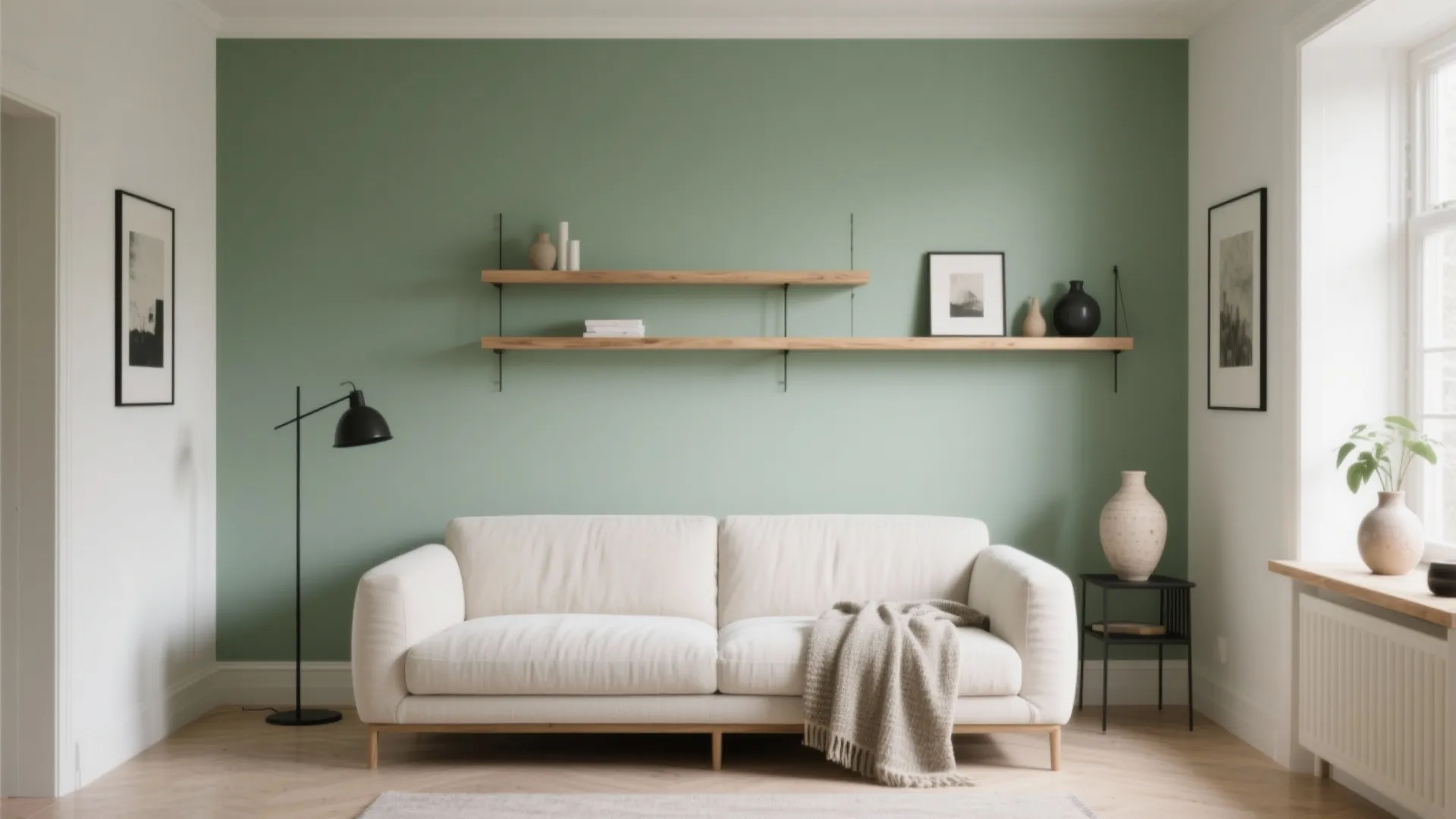 Modern living room featuring sage green wall white sofa wooden shelves black floor lamp and plants