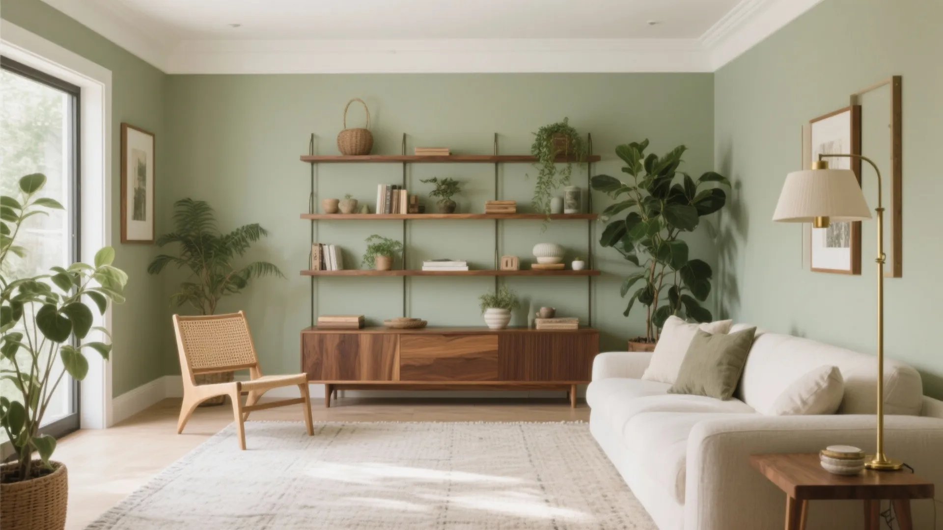 Sage green living room with white sofa wooden wall shelves floor lamp and indoor potted plants