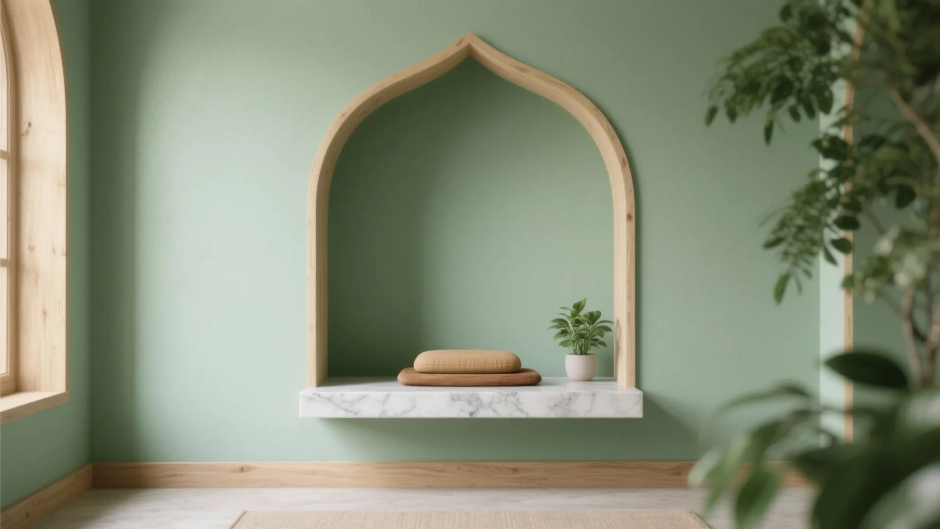 Minimalist green prayer room featuring arched wooden frame over marble shelf with small green plant