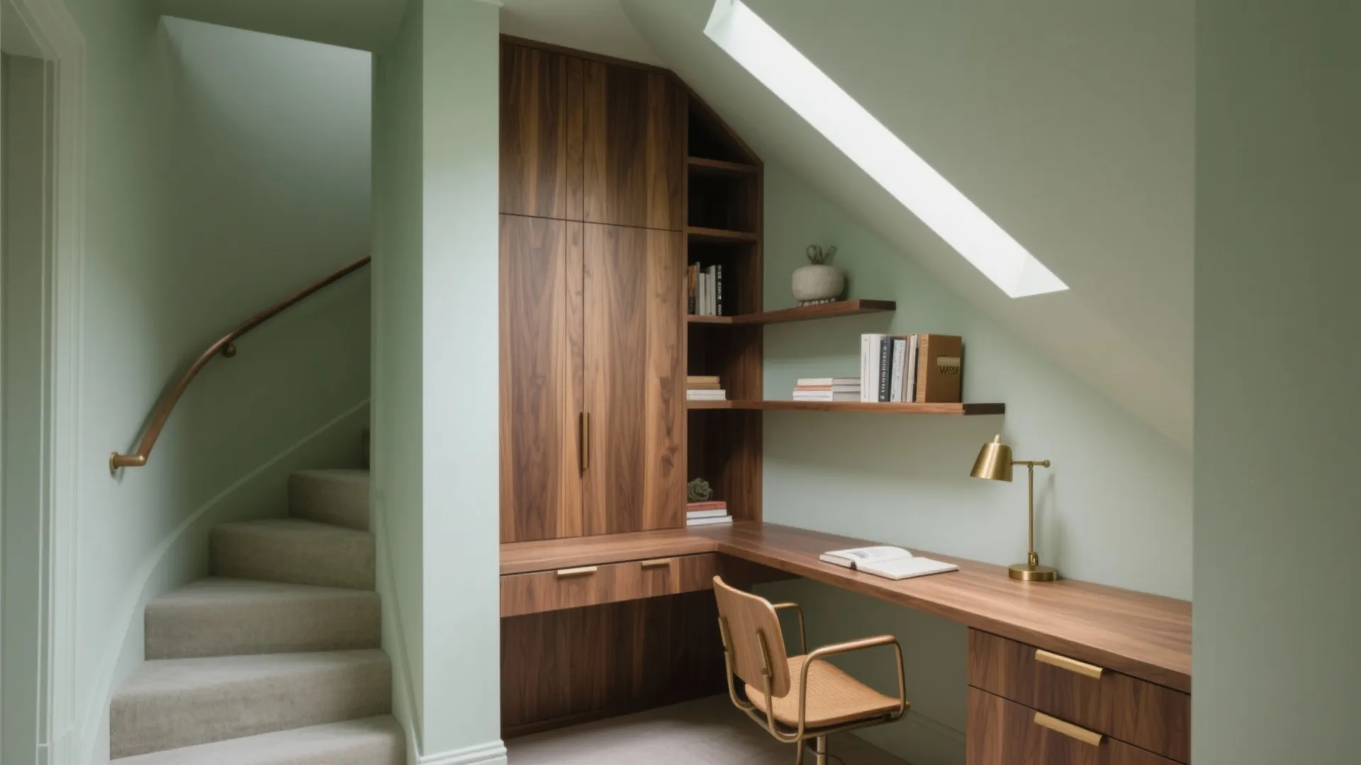 Wooden desk and cabinet built under a sloped ceiling with roof window and green walls