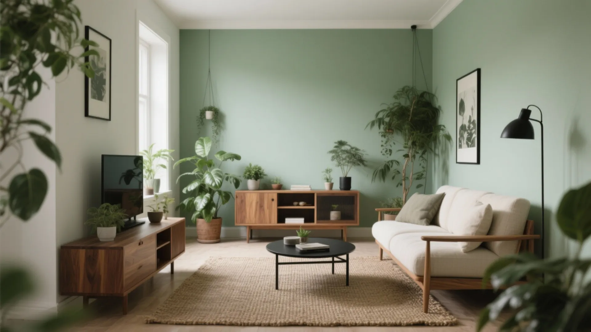Small living space with soft sage walls, warm oak and walnut furniture, cream upholstery, black metal accents and plants.