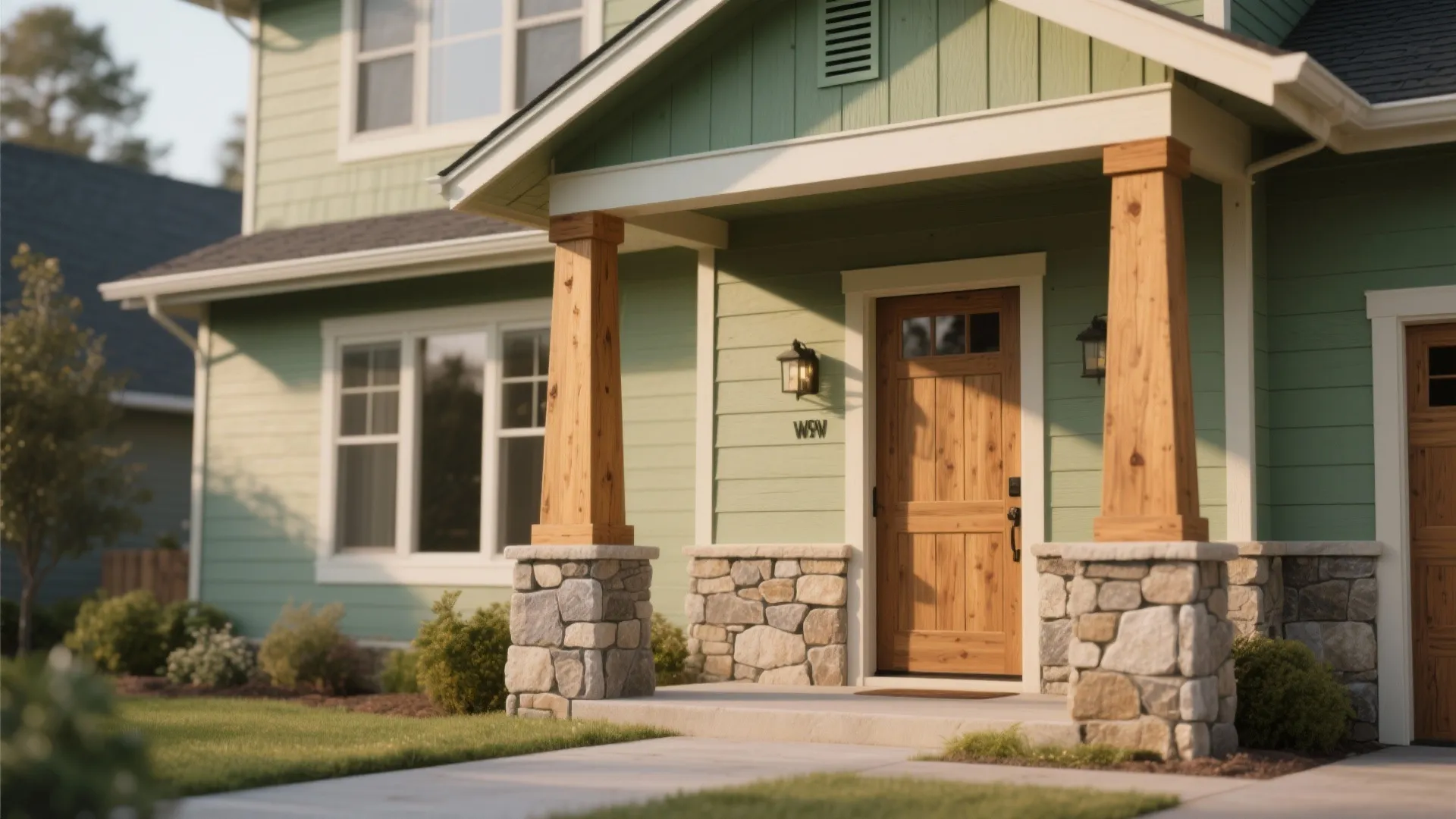 Sage exterior with warm cedar posts, natural wood door and stone accent wall, showing textures in soft light.