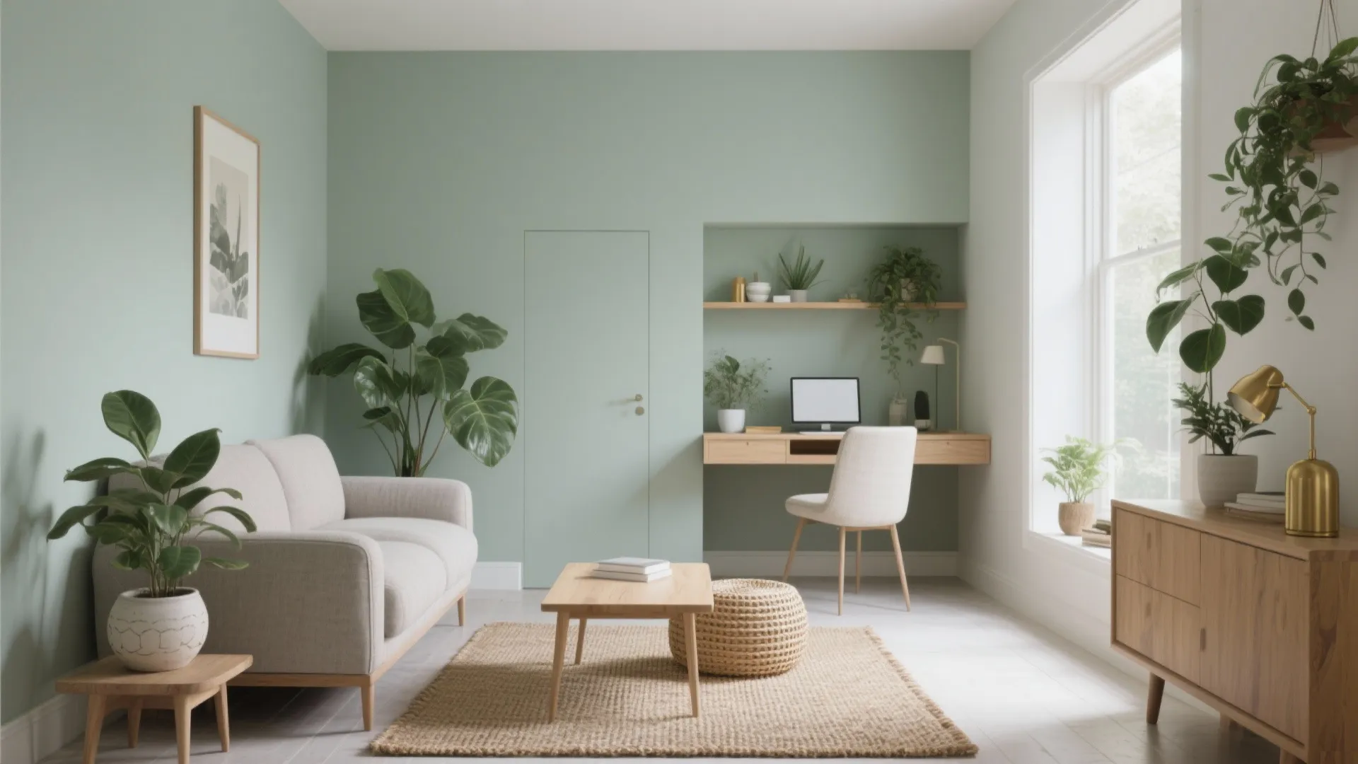 Modern green living room featuring a compact office desk, white sofa, plants, and natural light