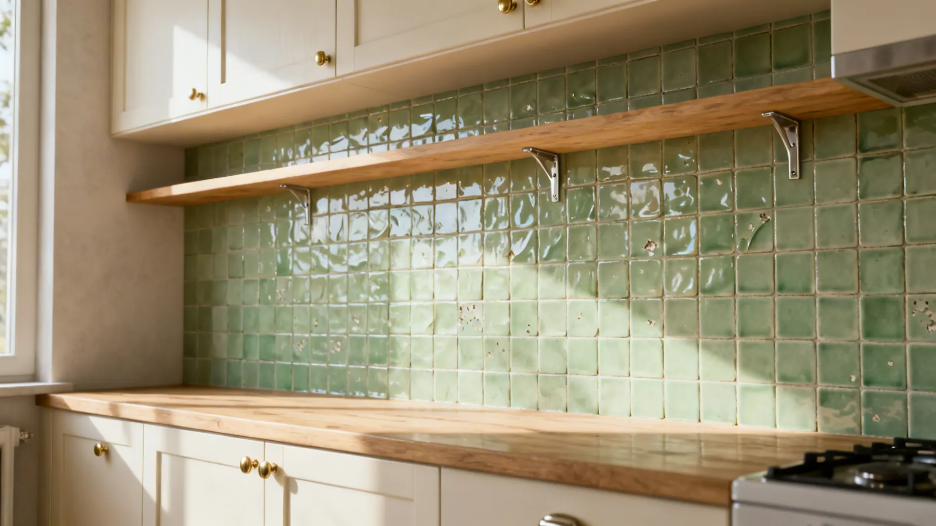 Soft sage Zellige backsplash with handcrafted variations in a small kitchen.