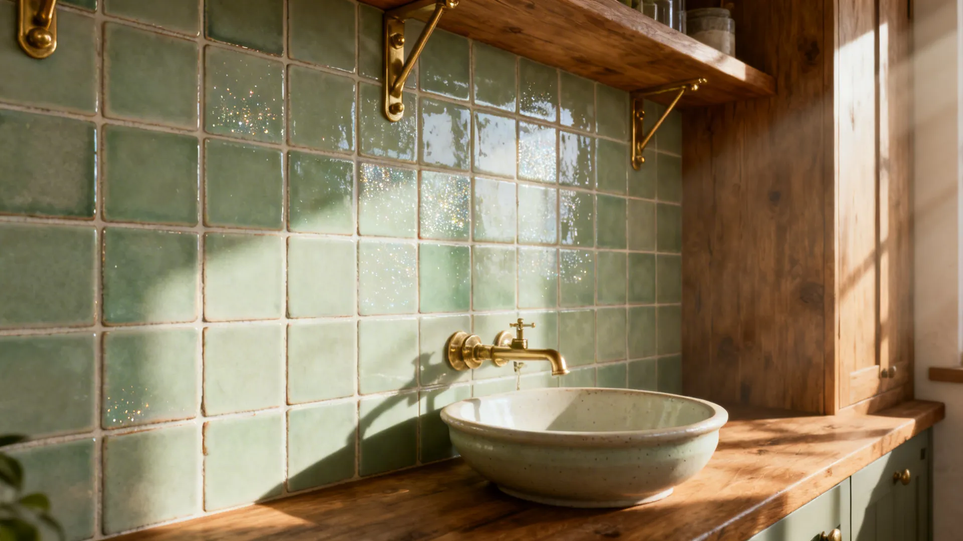 Soft sage 4x4 handmade zellige backsplash with gentle variation and brass accents.