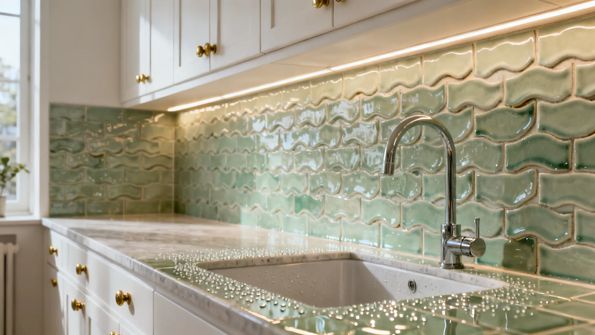Pale sage zellige-style glossy ceramic backsplash reflecting soft light in a small kitchen.