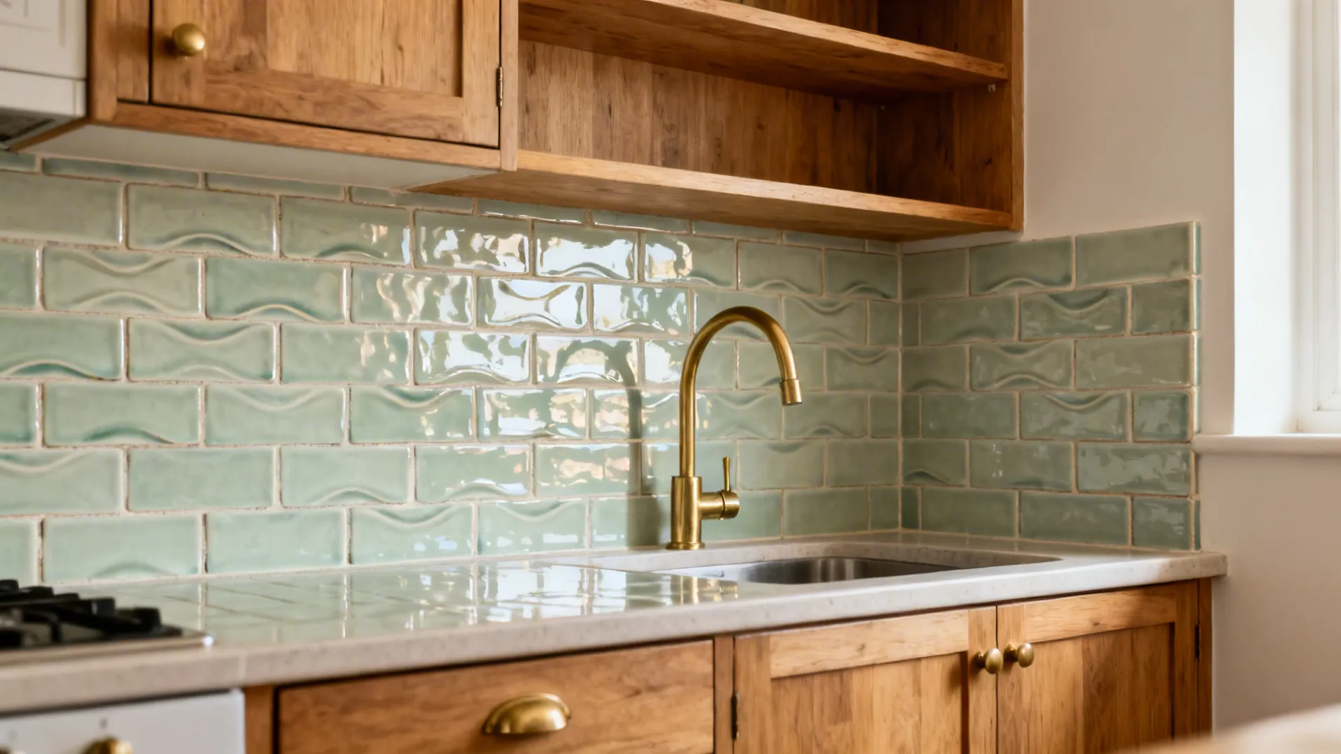 Tiny kitchen with pale sage zellige-style backsplash and warm wood accents.
