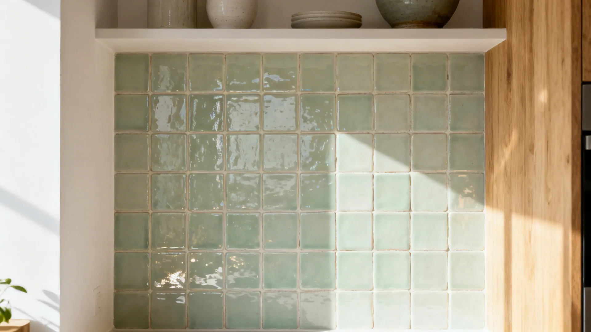 Pale sage glazed zellige-style backsplash with lively light reflections in a narrow nook.