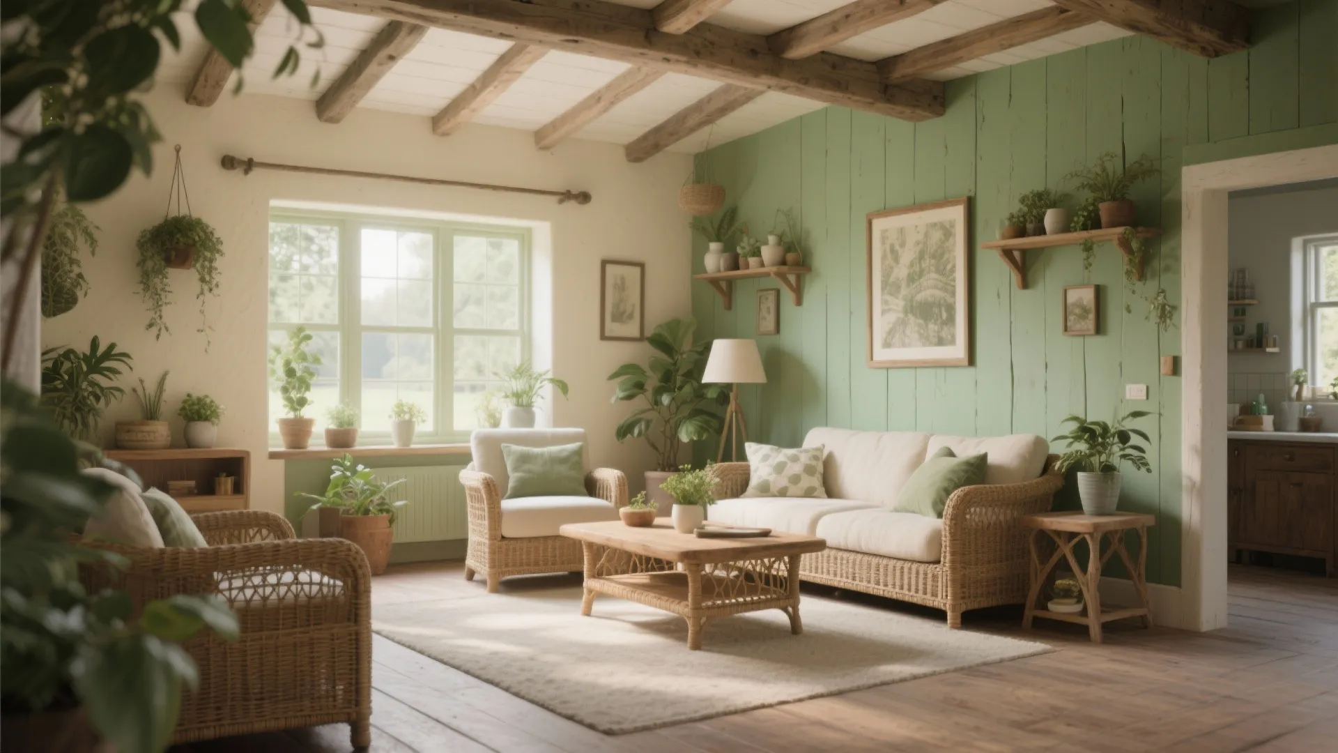 Cozy living room with green wall panel wicker sofa rattan chairs potted plants and beams