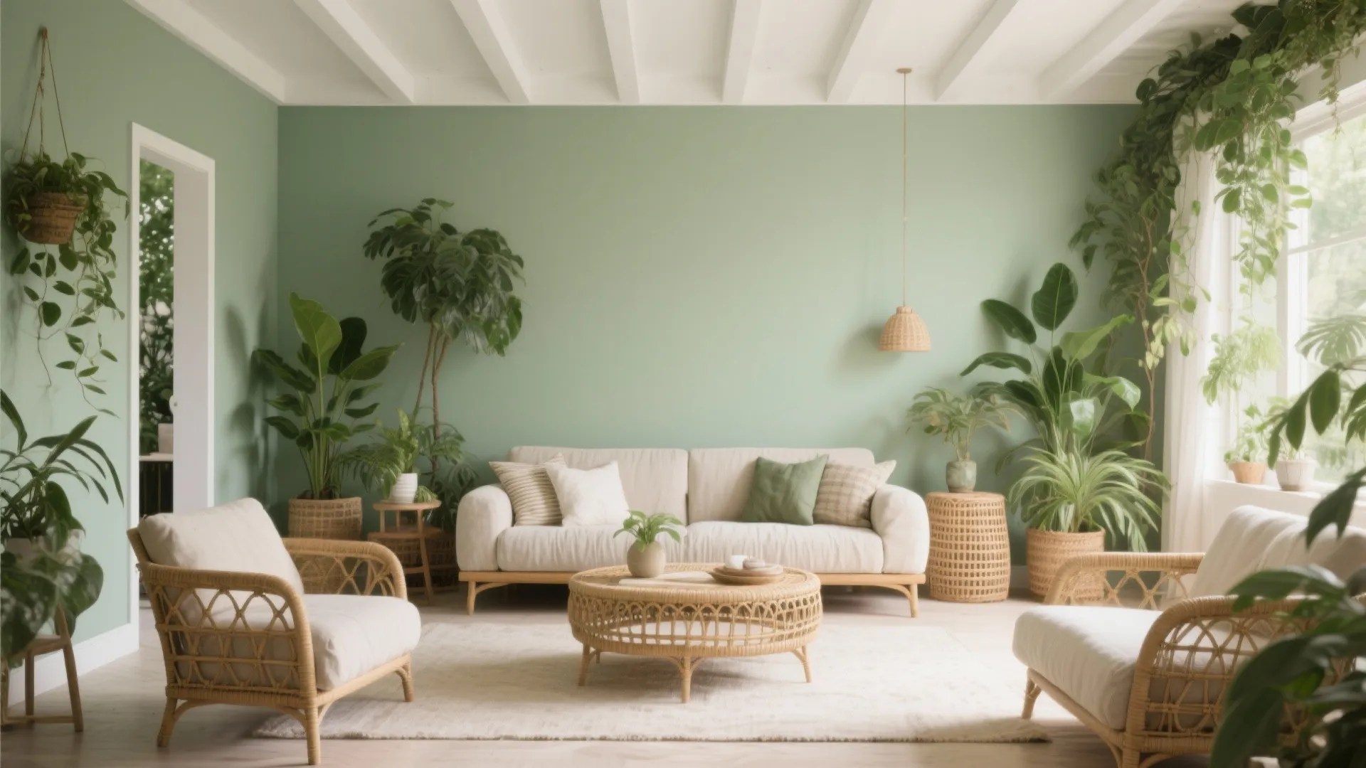 Living room with sage green walls, warm white ceiling, and natural decor