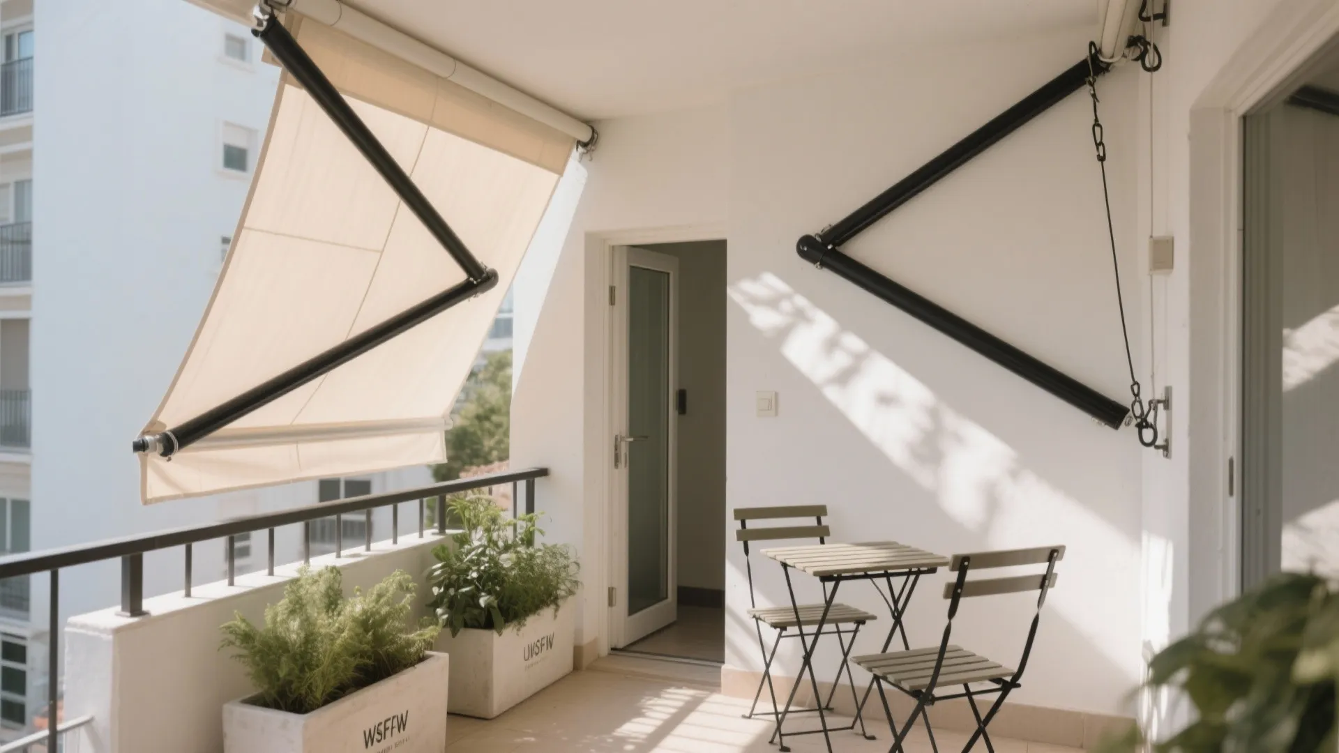 Modern balcony with beige sun shade awning white table chairs green plants and black metal railings